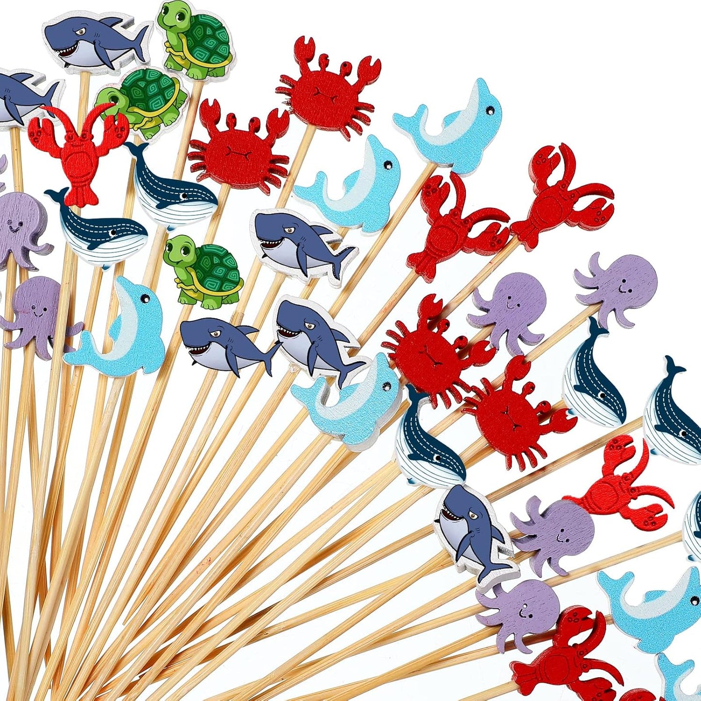 100 Pieces Sea Creature Cocktail Toothpicks Ocean Animals Fish Cocktail Picks Octopus Shark Cupcake Toppers Bamboo Fruit Food Appetizers Picks for Under the Sea Birthday Party Decoration