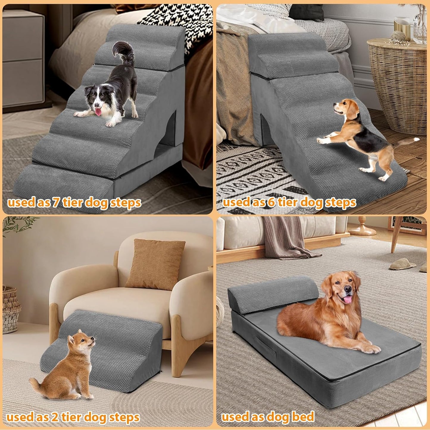 A.FATI 7 Tier Dog Stairs for High Beds, 34" H Non-Slip Foam Dog Steps, 30D Foam Doggie Ramp, 3 in 1 Pet Stair & Bed for Small/Elderly Dogs/Cats, Dark Gray