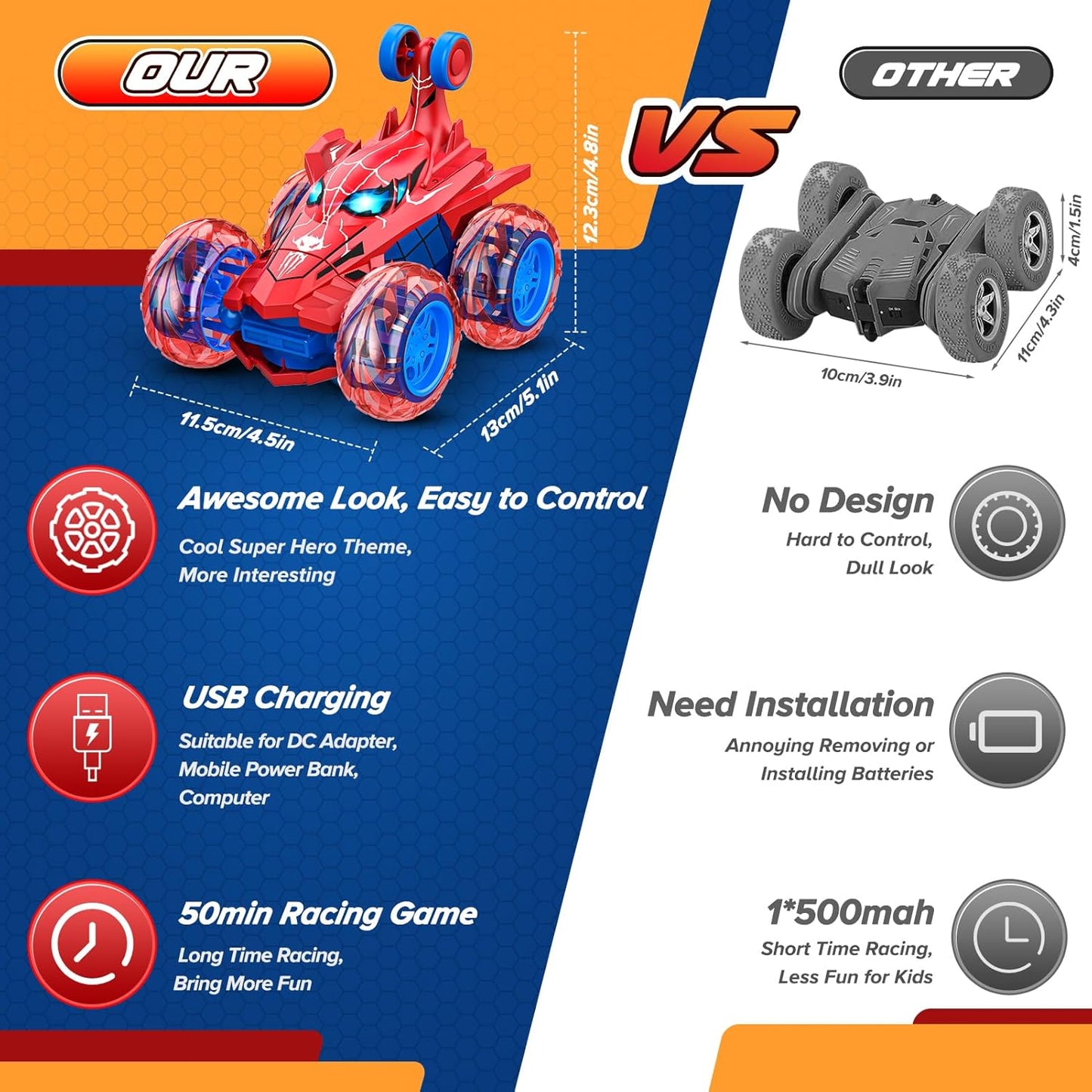 Spider remote control car rc cars toys,Cool rechargeable stunt rc car with 360 flips 4WD wheel with bright light,Fun outdoor toys gifts for kids birthday or Chritmas age 4 5 6 7 8 9 10 11 12 years old