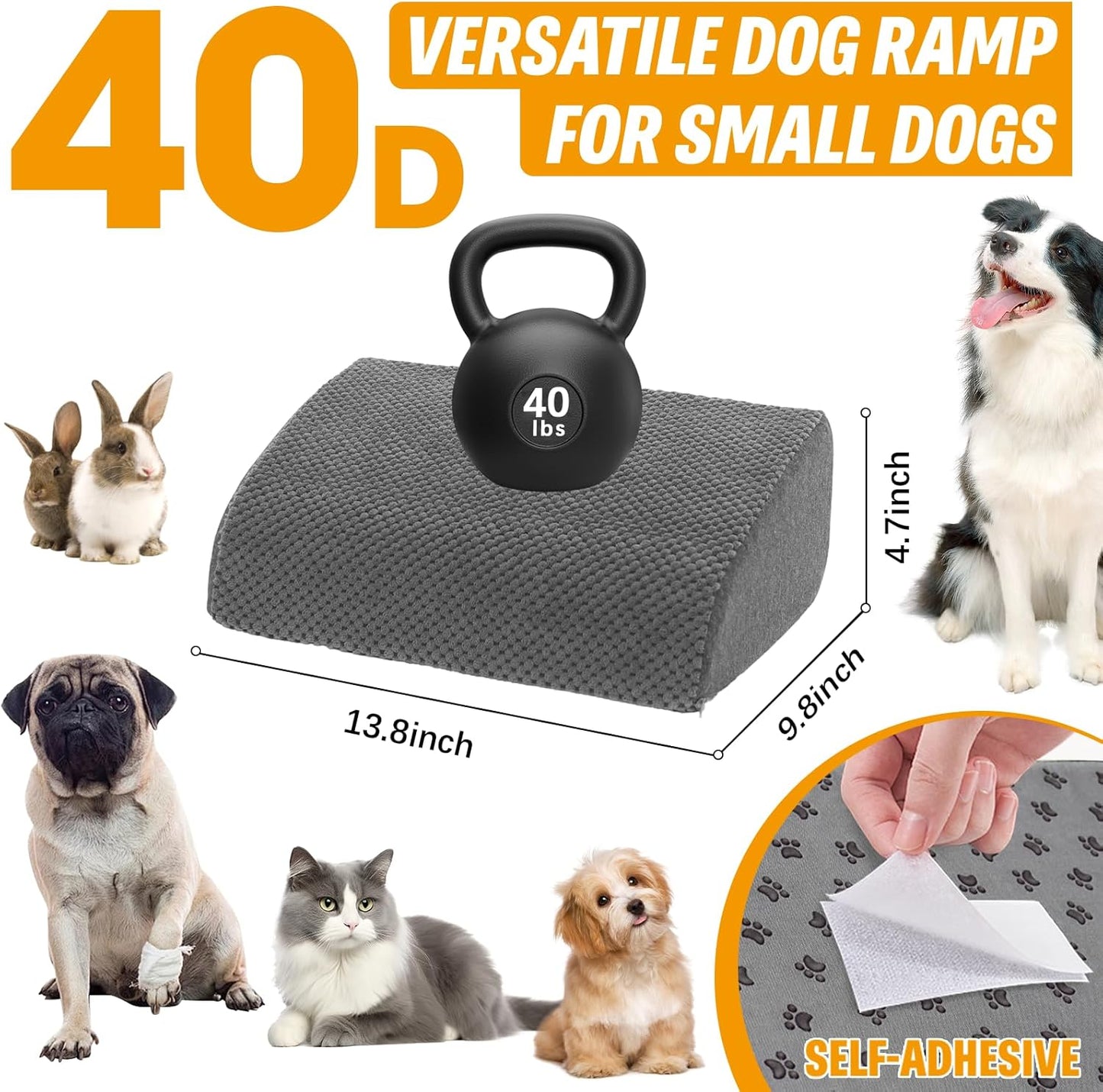 40D Dog Ramp for Stairs for Small & Senior Dogs and Cats – Non-Slip Stair Ramp for Dogs with Gentle Slope, Pet Ramp with Washable Cover & Self-Sticky Pads for Safe Climbing Easy Install(Grey, 5 Pack)
