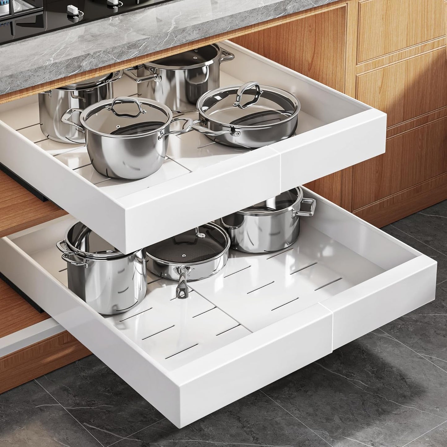 2Pack Expandable Pull Out Cabinet Organizer 21"Deep With Raising Pad for Framed Cabinets, Upgrade 3 Slide Rails Slide Out Drawers, Roll Out Shelves Adhesive,Adjustable Width 12.05"-20.4"White