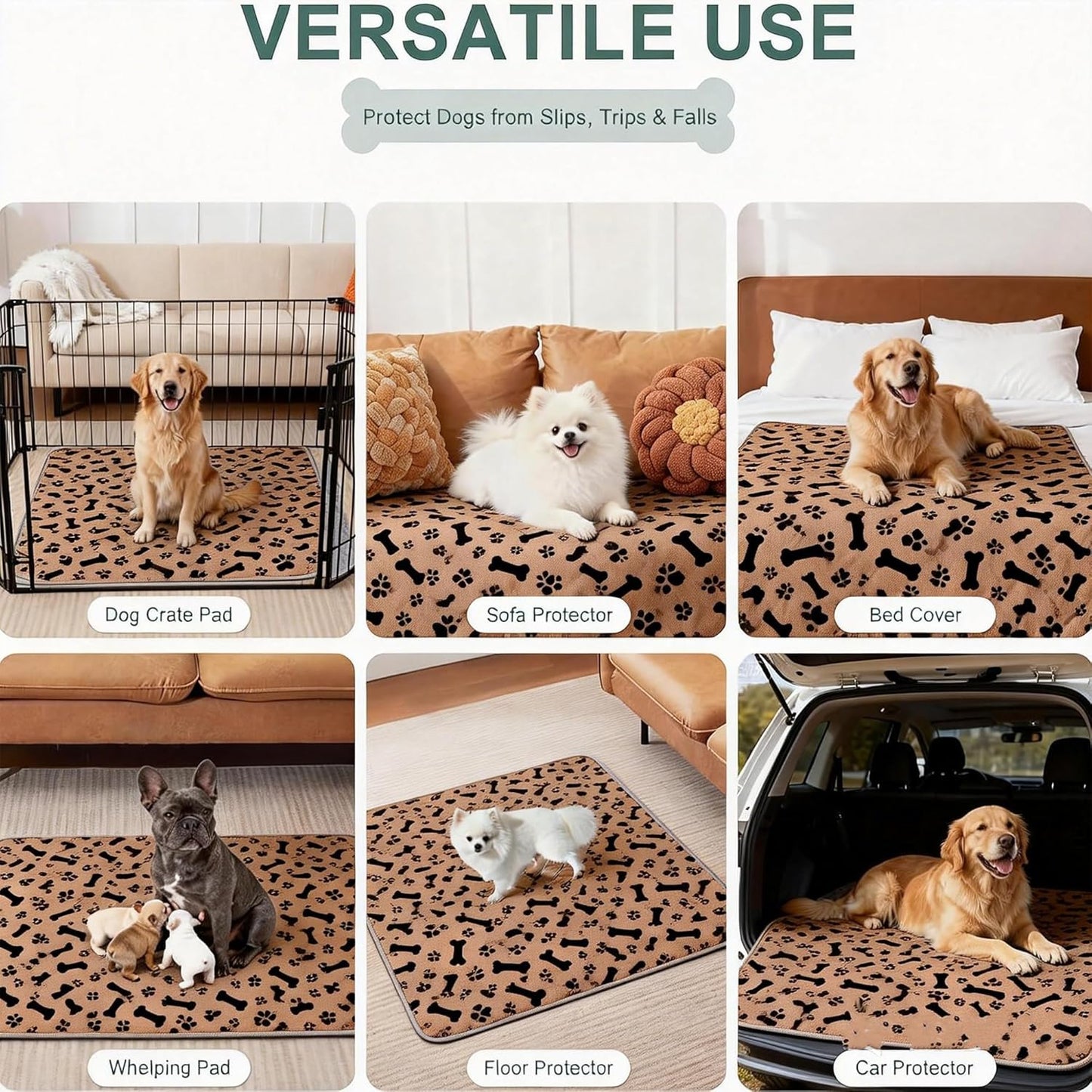 Washable Pee Pads for Dog Stylish Non-Slip and Leak-Proof Pee Ma Ultra-Absorbent Reusable Potty Training Pads Puppy Pads with Pheromones - Leak & Odor Proof for Dogs, Cats, Puppy (Brown, M)