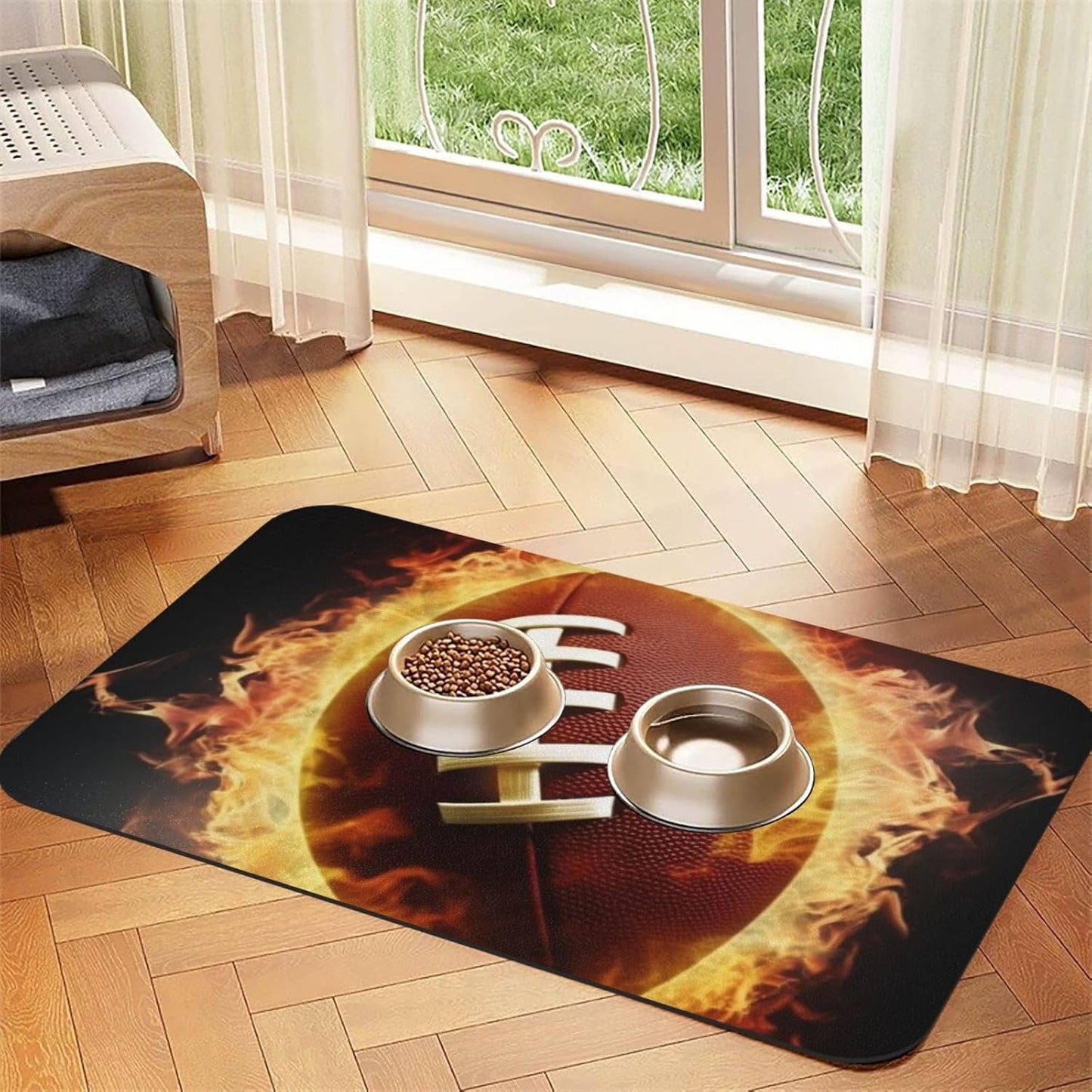 Flaming American Football Pet Feeding Mat 40x60cm Absorbent Leather Dog Cat Food Mats Non-Slip Dog Bowl Mats for Food and Water, Quick Dry Pets Placemats for Cats and Dogs Water Bowl