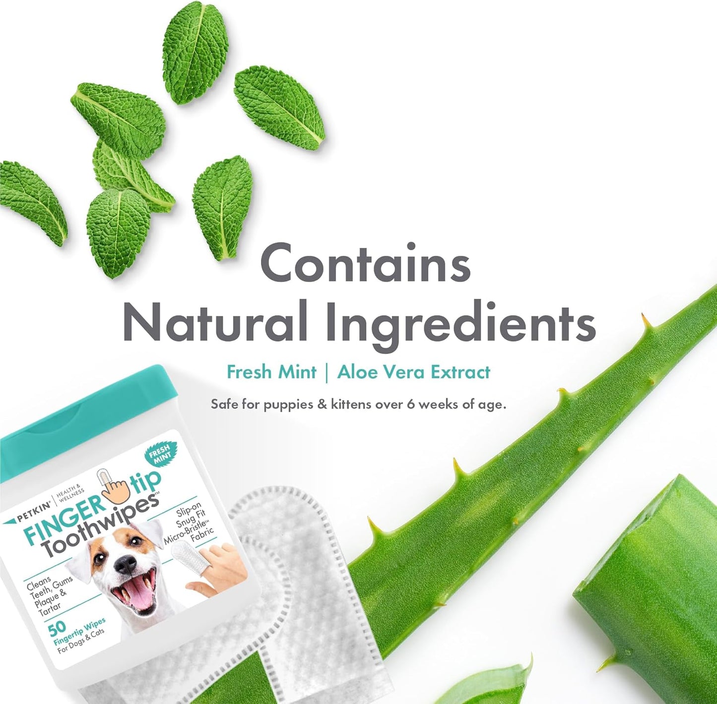 Petkin Fingertip Tooth Wipes for Dogs and Cats, 50 Finger Wipes - Slip-On, Snug Fit, Micro-Bristle Fabric - Cleans Teeth, Gums, Plaque & Tartar - Convenient, Ideal for Home and Travel - Fresh Mint