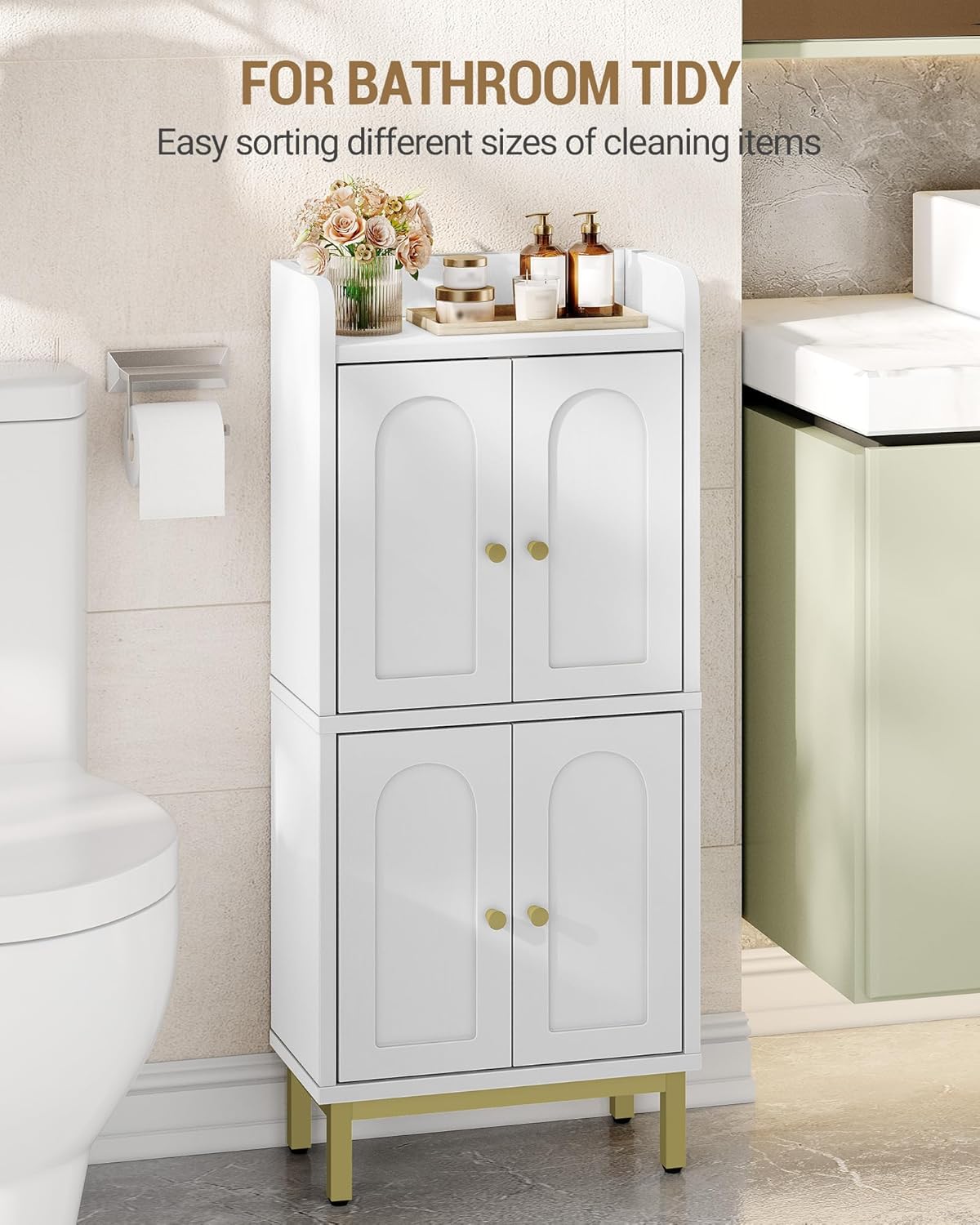 Bathroom Cabinet, Small Storage Cabinet with 4 Doors, Bathroom Organizers and Storage Cabinets with Adjustable Feet. Cabinets Freestanding for Living Room, Kitchen, 7.1"D x 14.6"W x 32.7"H