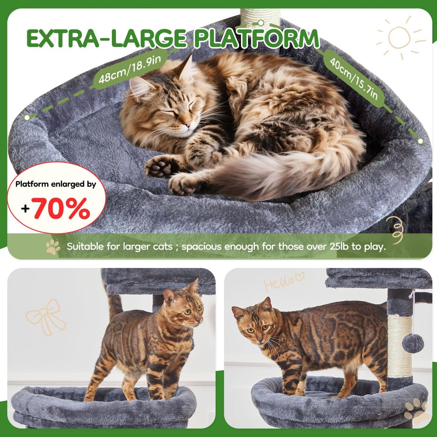 Taoqimiao MS042G Cat Tree,66-inch Large Cat Tower with Scratching Posts, Luxurious Large Platform for Big Cats with Soft Hammock, Adjustable Basket, Deluxe Cat Cando, Top Perch Smoke Gray