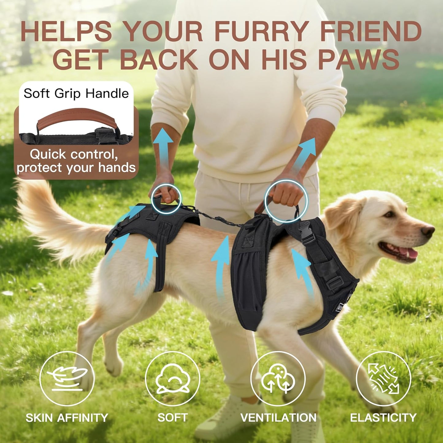 Dog Lift Harness, Full Body Dog Harness with Handle for Lifting, Front/Back Leg Support, Prevent Chafing Pee-Able Design, 2-in-1 Detachable Dog Assist Harness for Senior Disabled Dogs Up to 40lb (M)