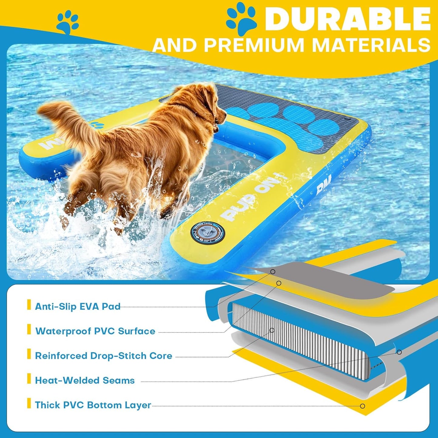 Beyond Marina Dog Pool Ramp - Inflatable Dog Water & Boat Ramp for Lake, Floating Pontoon Dock Ladder with Non-Slip EVA, PUP ON Standard, Extra Large 47" x 39" x 6", Blue/Yellow, Supports 200 lbs