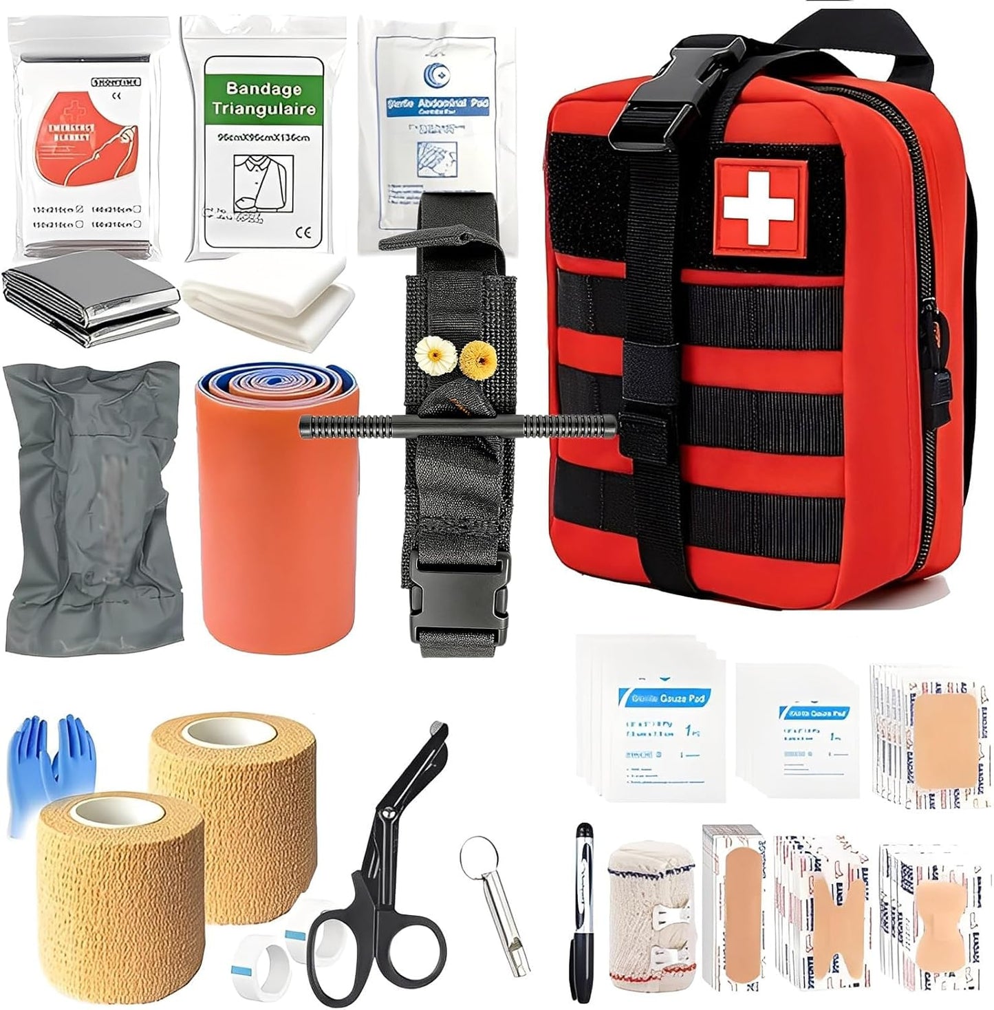 IFAK Trauma Kit with Tourniquet, 6-Inch Bandage, Splint, Tactical First Aid Kit for Car, Camping, Hiking and Travel with Molle Bag