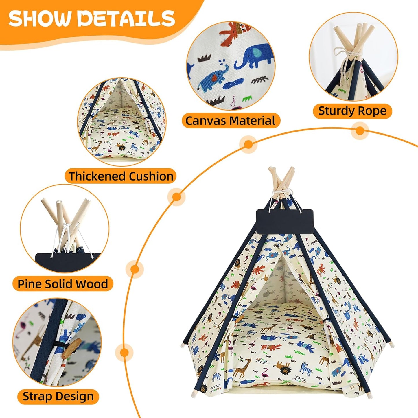 Pet Tent/Tipi for Cats & Dogs - Washable Canvas, Foldable Pet Teepee with Anti-Slip Base & Detachable Cushion | Indoor/Outdoor Safe Shelter for Pets-Zoo-L