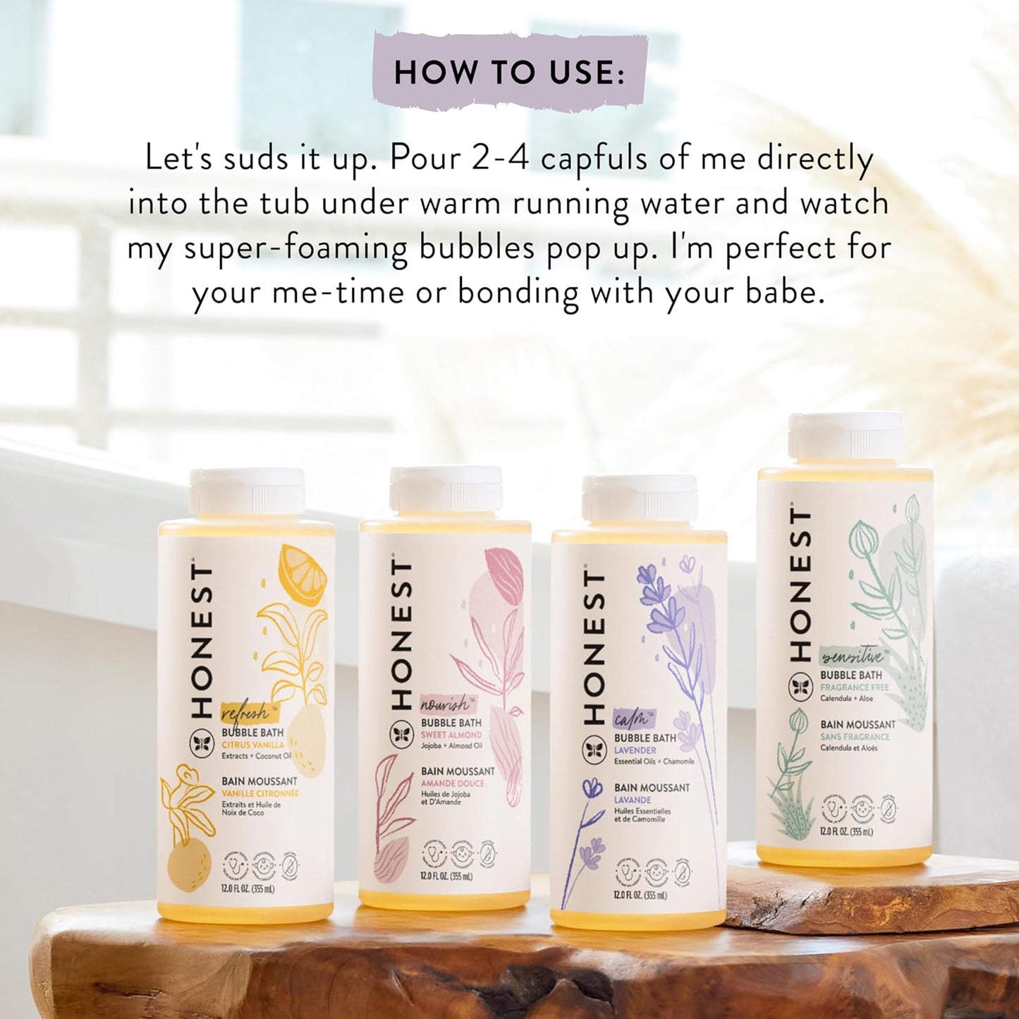 The Honest Company Foaming Bubble Bath & Baby Wash, Tear-Free, Hypoallergenic, Natural Formula, Lavender Calm Scent, 12 fl oz