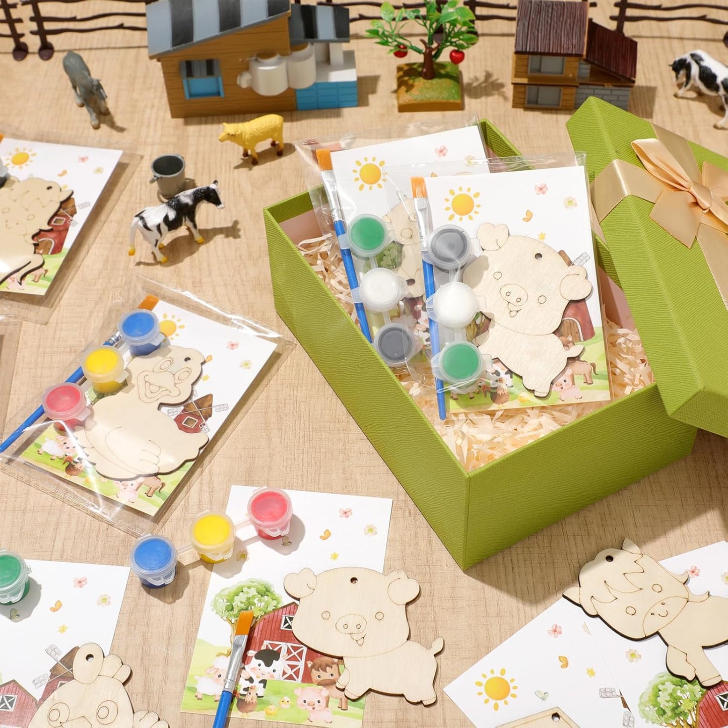 24 Pcs Farm Party Favors Farm Animal Wooden Painting Craft Kits Farmer Animal Birthday Party Supplies with Organza Bag for Birthday Favors Goodie Bags Fillers