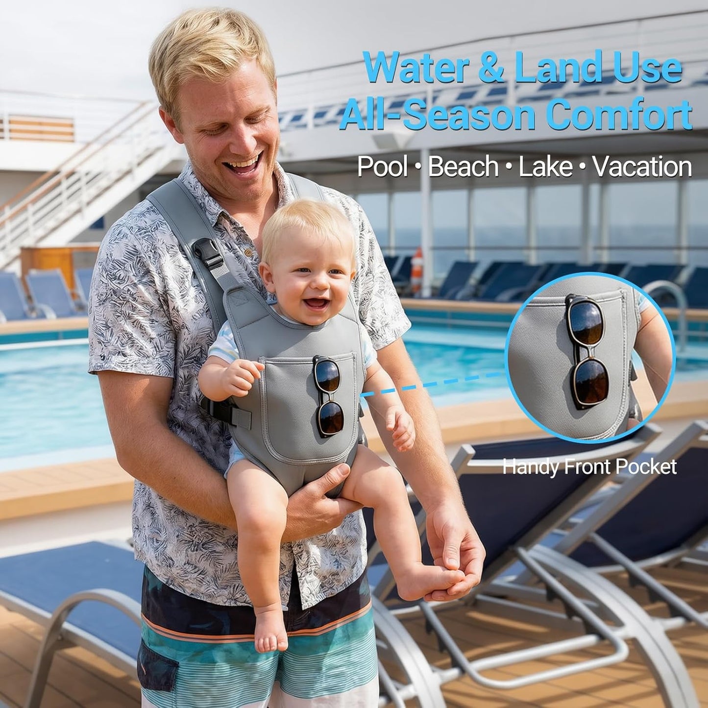 Neoprene Water Baby Carrier Newborn to Toddler, Ergonomic Waterproof Infant Chest Holder with Adjustable Straps, Breathable & Lightweight Baby Wearing Gear for Summer Pool Swimming & Beach