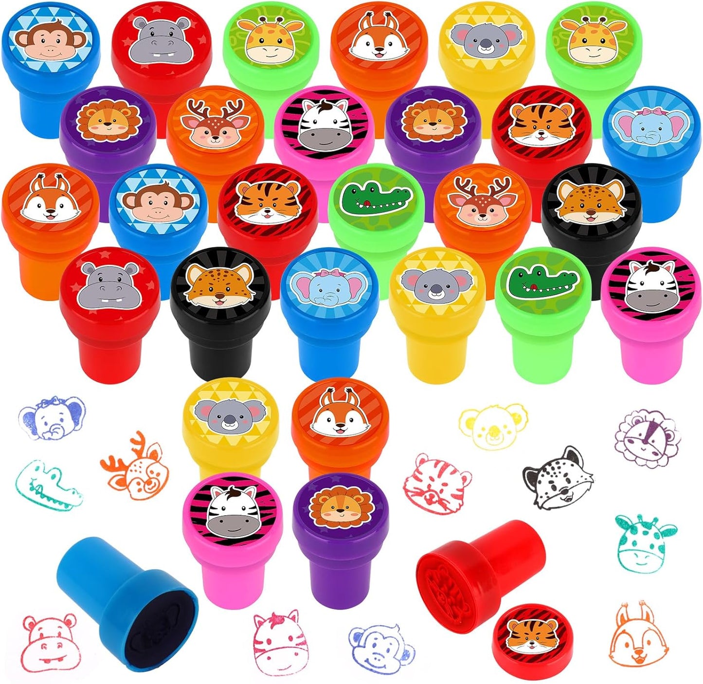 Hxezoc 24 Pieces Safari Animal Print Stamp, Mini Colorful Self Inking Jungle Animal Stamps Party Favors Assorted Stamp Set for Classroom Party Educational Learning Activities Supplies