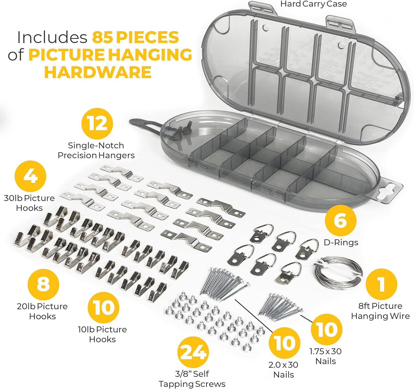 Go Hang It! Pro, All-in-One Picture Hanging Kit - Picture Leveling and Hanging Tool - Hang Sawtooth/Wire Hangers - Wall Hanging Kit and Level Tool - Hardware Case with 85-Piece Hanging Essentials