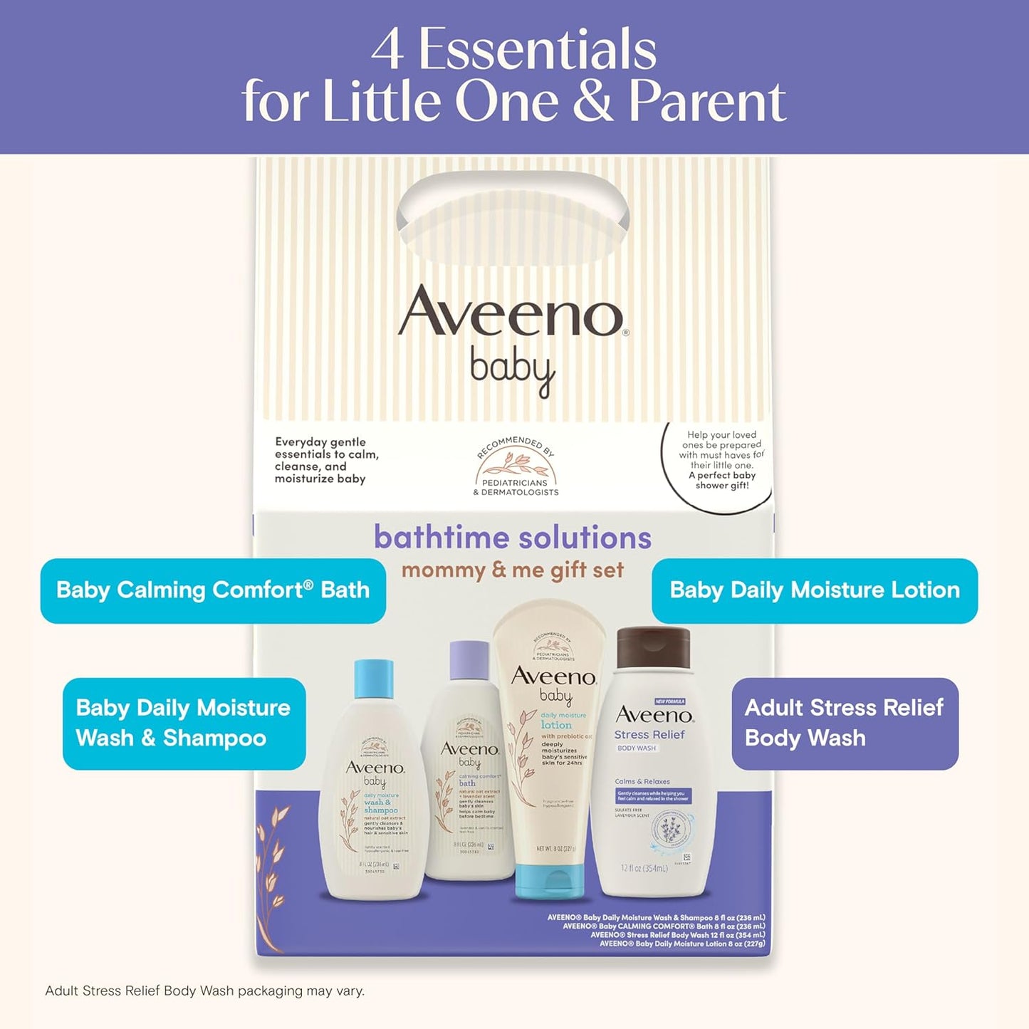 Aveeno Baby Bathtime Solutions Mommy & Me Gift Set, Baby Wash & Shampoo, Calming Bath, Daily Moisturizing Lotion and Stress Relief Body Wash for Mom, Colloidal Oat, Baby Bath Essentials, 4 items