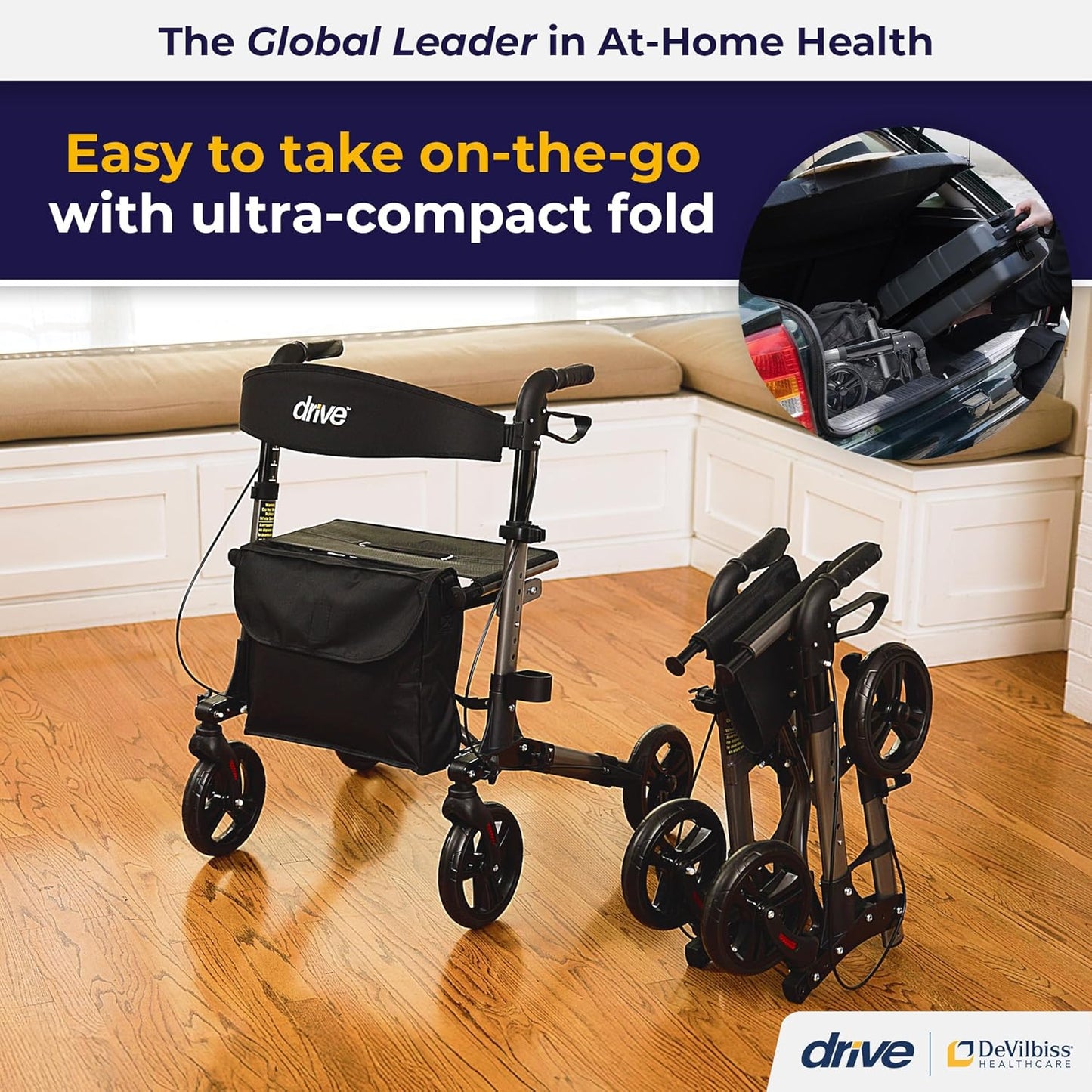 Drive Medical Compact Folding Rollator - Lightweight Foldable Walker for Seniors, 4-Wheeled Walker with Seat & Brakes, Space-Saving & Portable Travel Rollator with 8-Inch Wheels - Just 15.4 Pounds