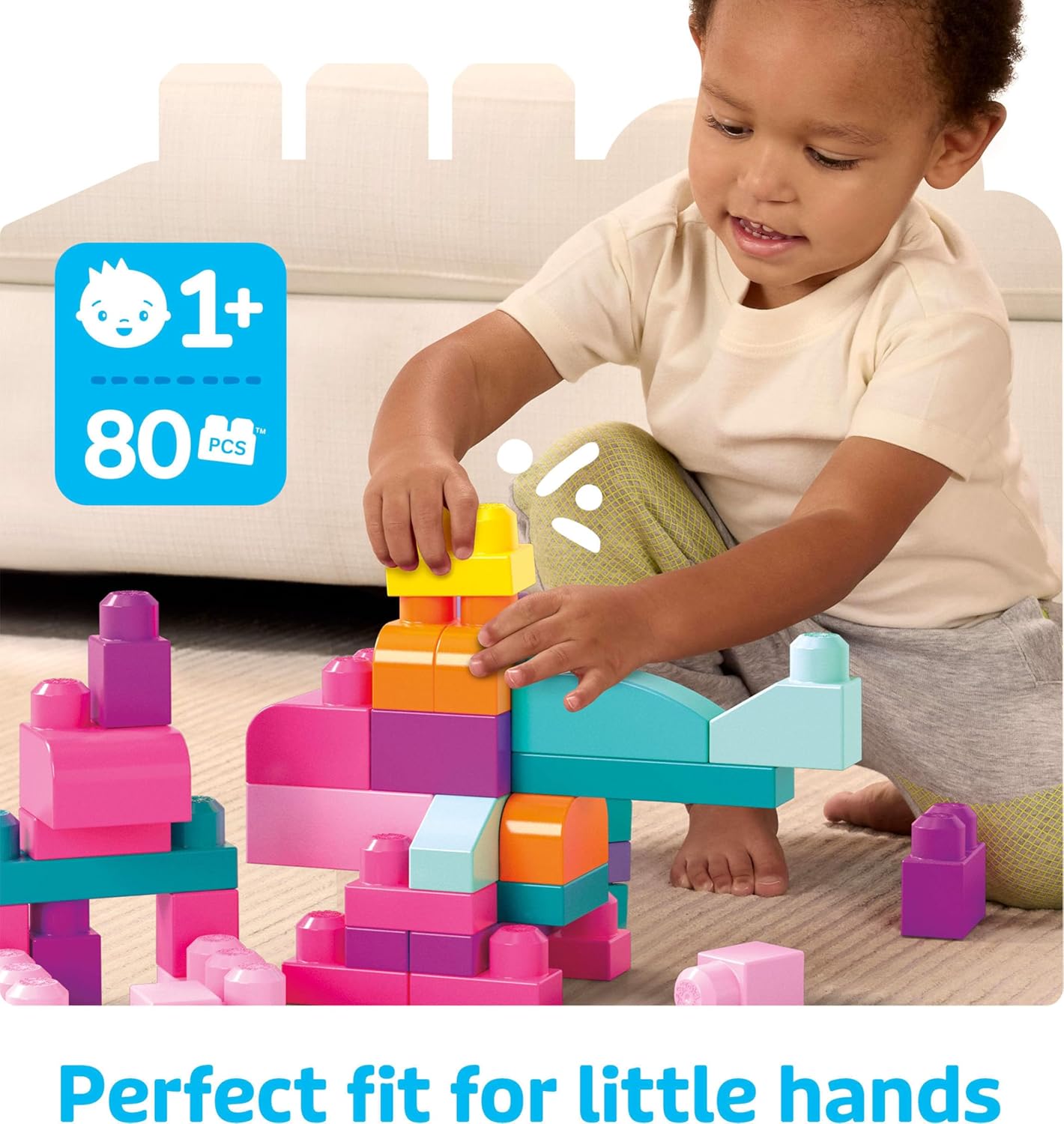 MEGA BLOKS First Builders Toddler Blocks Toys Set, Big Building Bag Collection with 80 Pieces and Storage, Pink, Ages 1+ Years