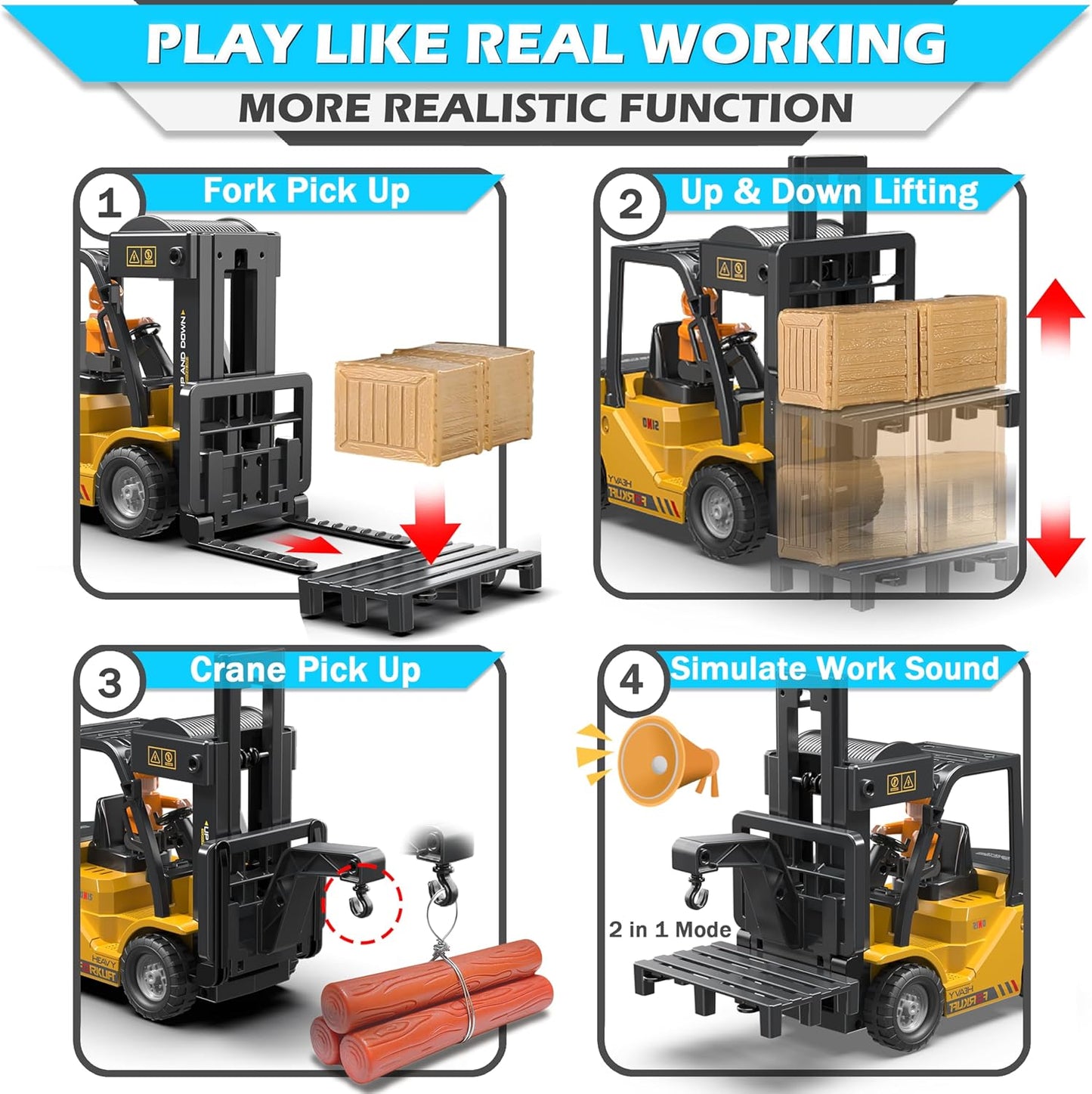RC Forklift Toy with Trailer, 3 in 1 Remote Control forklift with Transform Lift Fork & Hook, 11 Channel RC Construction Toys with 2 Battery,Spray,Light, RC Forklift for Adults Kids Boys Gift
