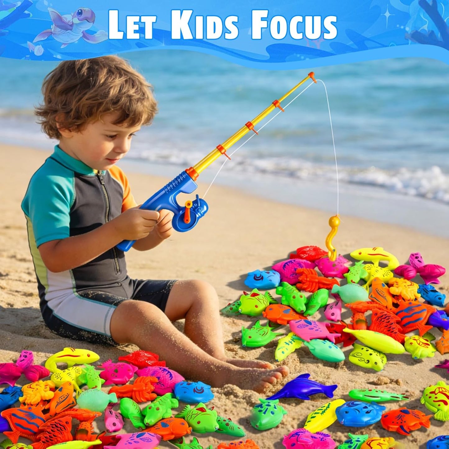 CozyBomB™ Magnetic Fishing Toys Game Set for Kids | Water Table Bathtub Kiddie Pool Party Pole Rod Net, Outdoor Plastic Floating Fish, Toddler Bath Color Ocean Sea Animals Easter Gift Age 3-5 6 4-8