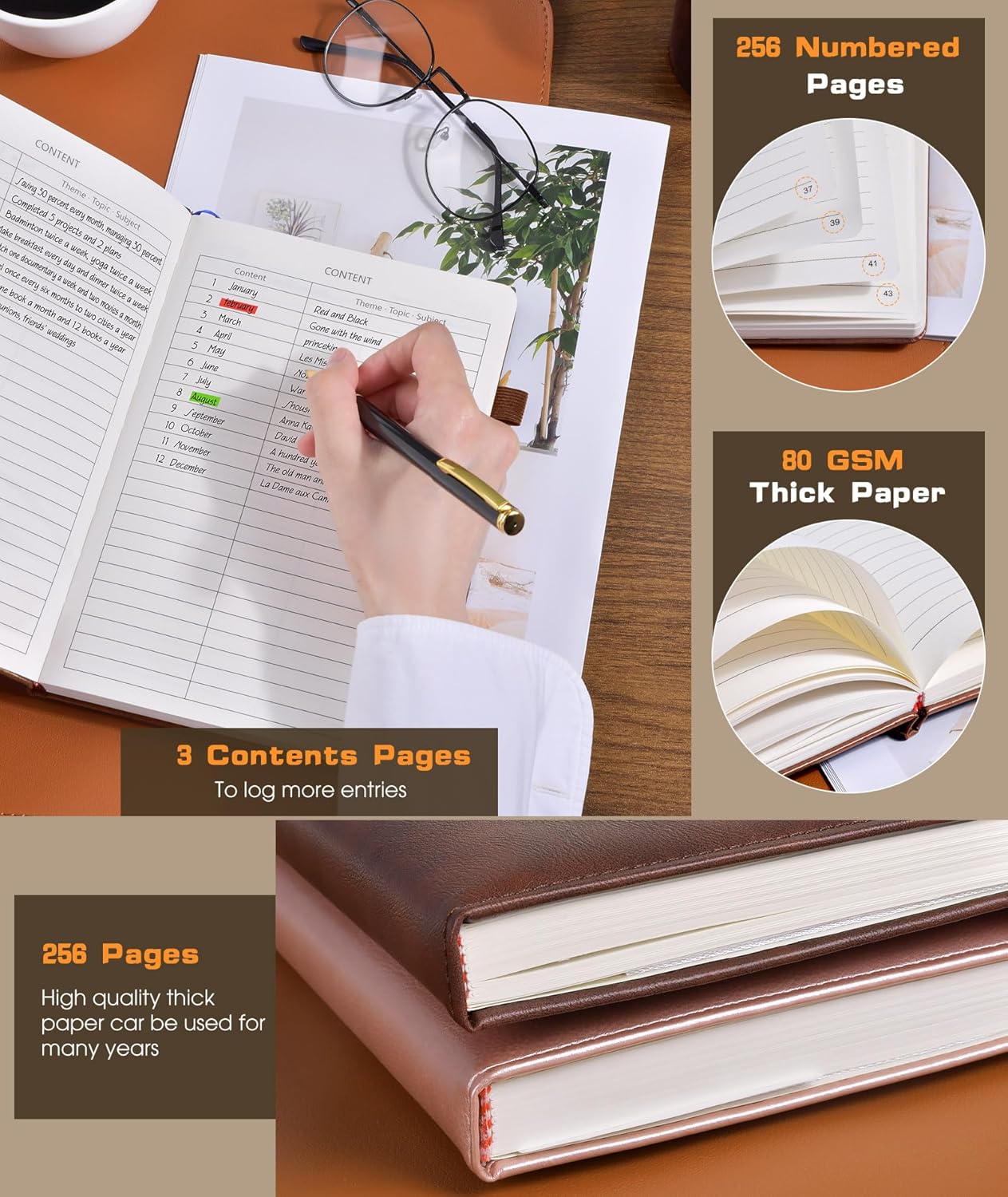 Lined Journal Notebook for Women Men, 256 Numbered Pages Hardcover Leather Journals for Writing, A5 Journaling Notebooks, College Ruled Journal for Business Work School Note Taking 5.75" x 8.38" Brown