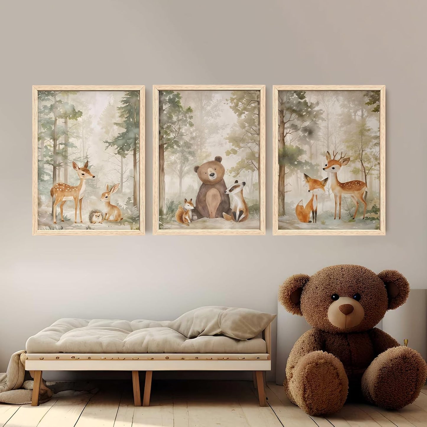 ICHZUMW Woodland Nursery Decor Wall Art Set of 3, Cute Forest Friend Animal Canvas Prints Bear Fox Deer Pictures, Nature Watercolor Paintings, Baby Room Kids Bedroom Playroom, Neutral Artwork 12x16in