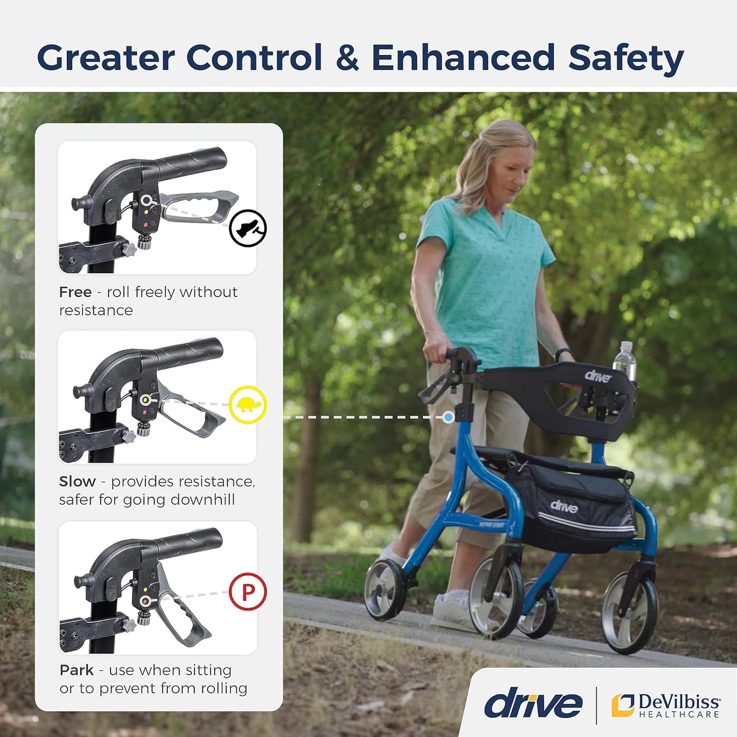 Drive Medical Nitro Sprint Foldable Rollator Walker with Seat - Lightweight Support - Large Wheels - Compact Folding Design - Adjustable Comfort - Standard Size - Blue