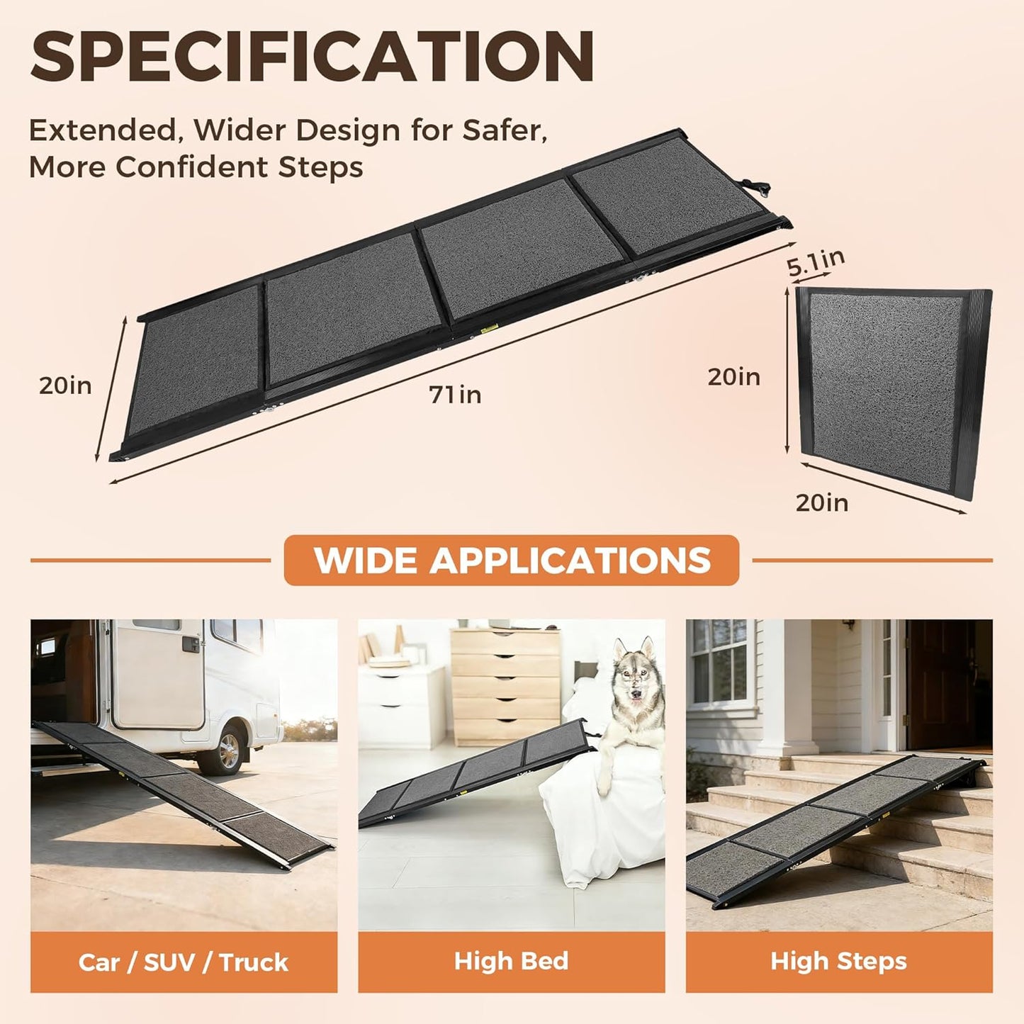 Dog Ramp for Car, 71" Extra-Long & 20" Wide Folding Pet Ramp for SUV & Truck, Heavy-Duty 250 lbs Support, Non-Slip Traction Surface, Portable Pet Ramp for Medium & Large Dogs