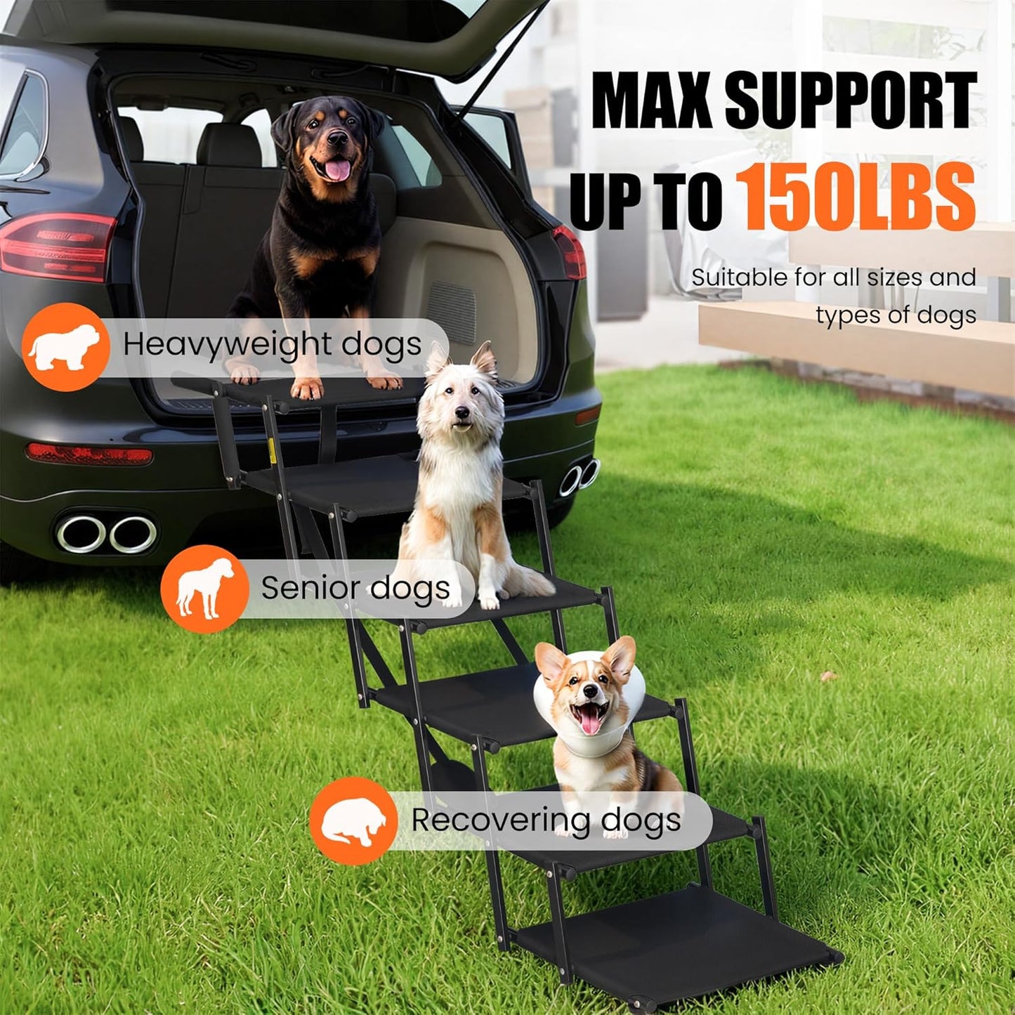 Dog Stairs for Large Dogs, Heavy Duty Foldable Dog Steps for Car Truck Non-Slip Surface Pet Stairs Ramp Supports up to 150 lbs, 6 Steps