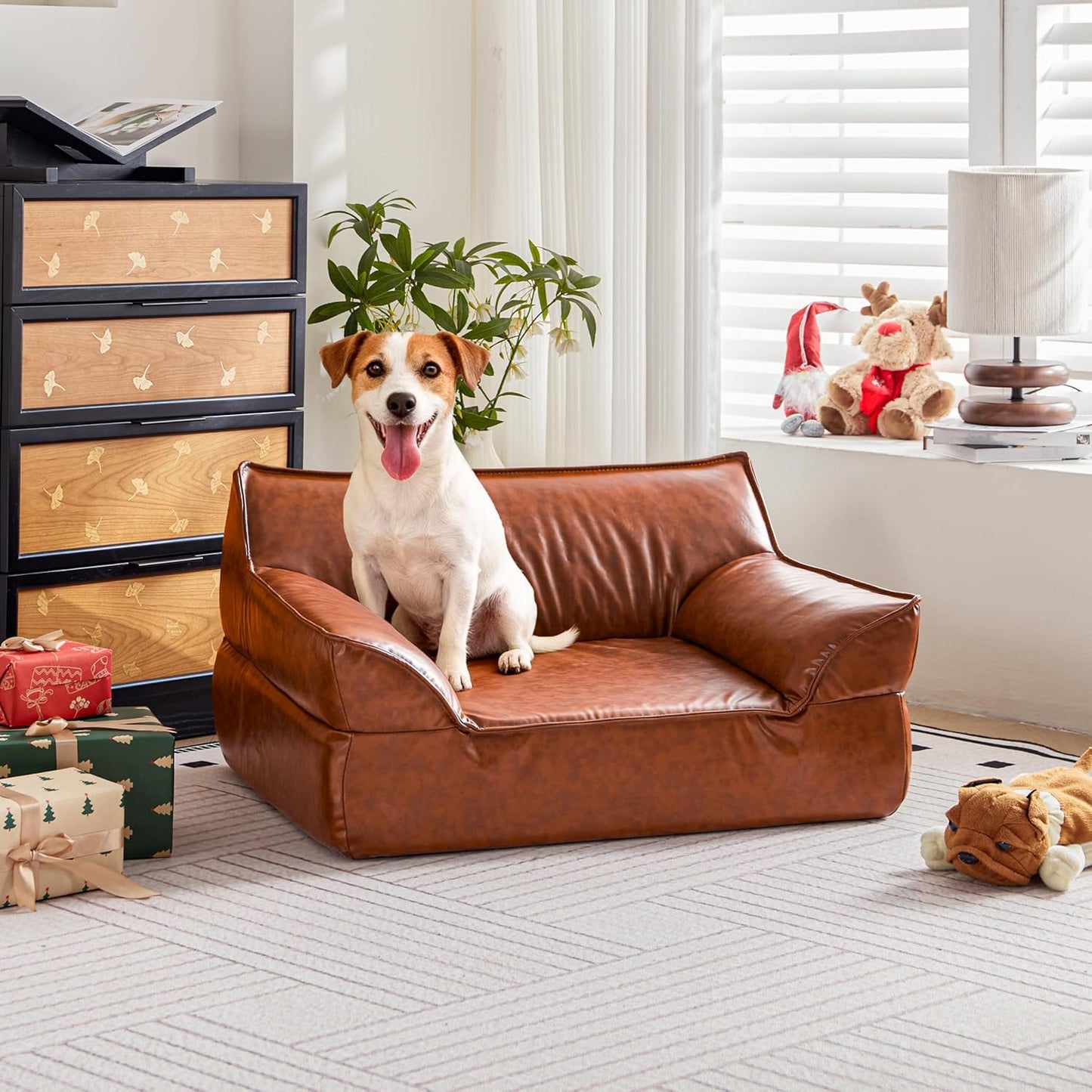 Leather Dog Couch Bed for Small and Medium Dogs Under 50 lbs, Brown Mid Century Modern Elevated Cat Sofa Bed Luxurious Indoor Furniture Style Pet Supplies for Puppy