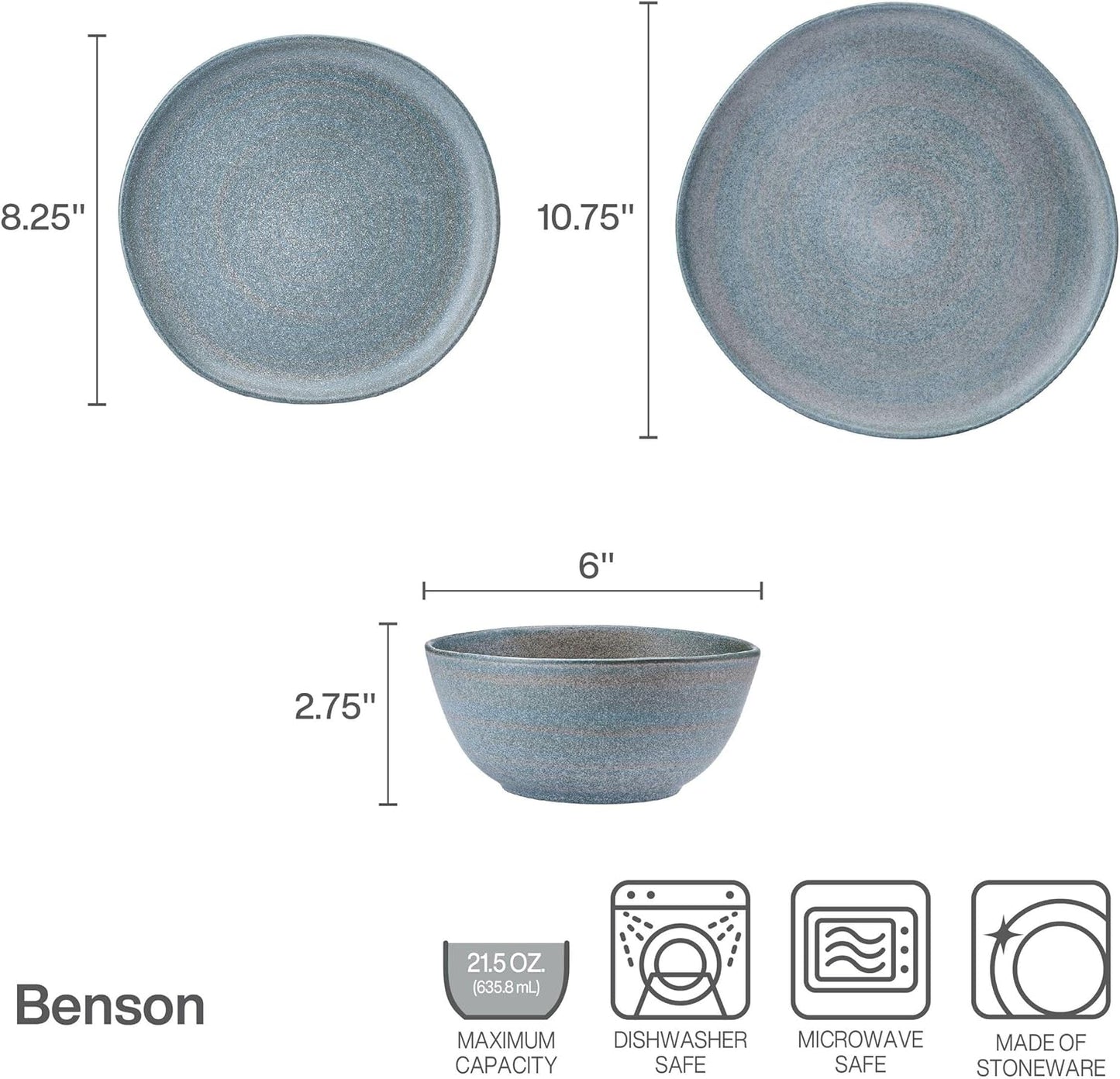Mikasa Benson 12 Piece Stoneware Dinnerware Set, Service for 4, Plate and Bowl, Modern with Organic Freeform Shape for Everyday Dining, Blue