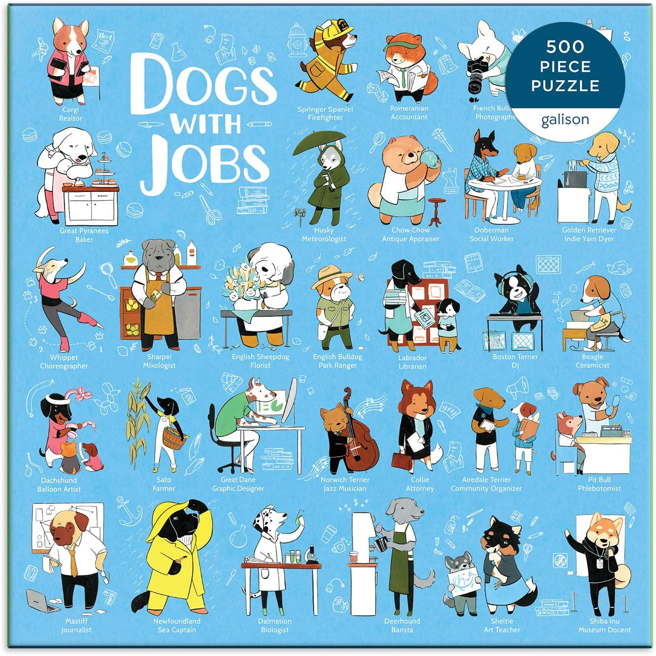 Galison Dogs with Jobs Puzzle, 500 Pieces, 20” x 20” – Jigsaw Puzzle Featuring an Amusing Illustration of Dogs – Thick, Sturdy Pieces, Challenging Family Activity, Great Gift Idea