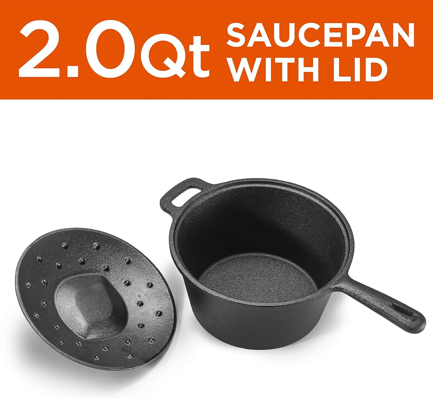 Commercial Chef 2-Qt. Saucepan with Lid, Pre-Seasoned Cast Iron, Integrated Handles, Works on All Cooktops Including Induction, Outdoor Skillet for Campfires or Grills, CHCI20