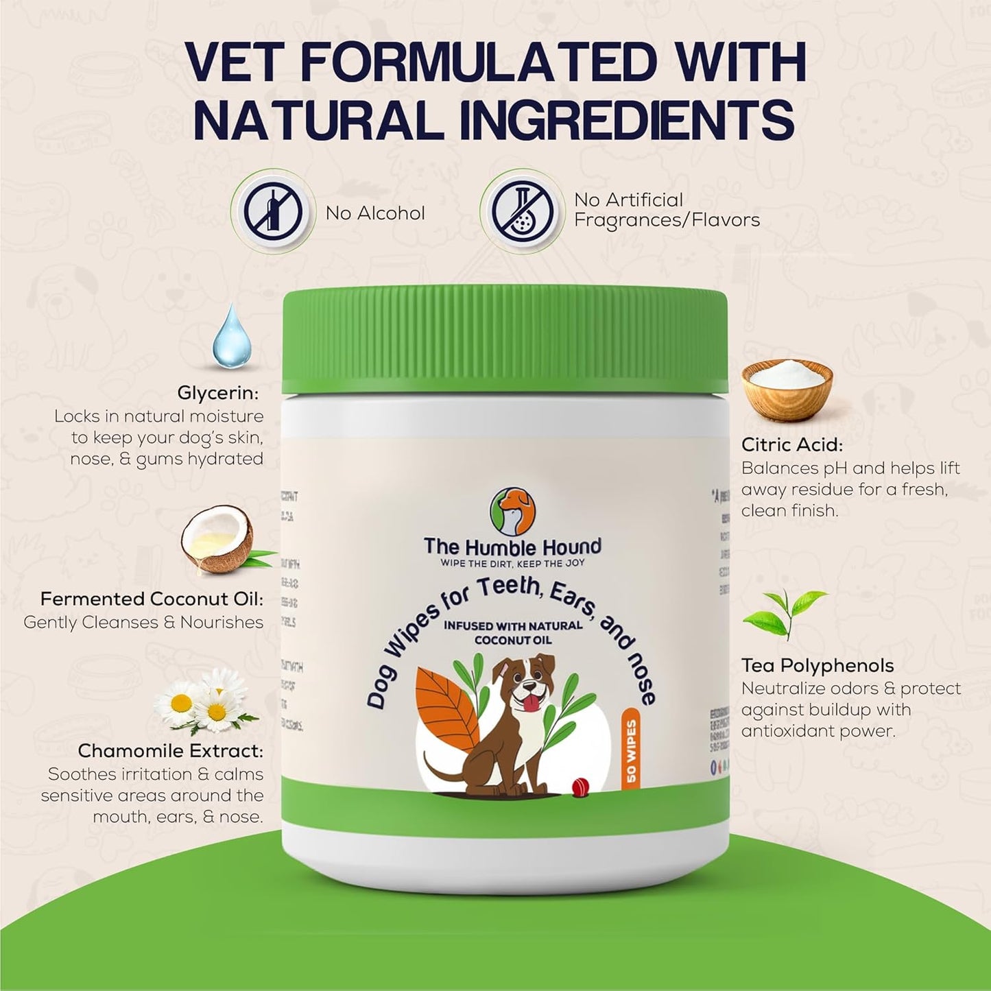 3-in-1 Dog Dental Wipes – Finger Wipes for Teeth, Ears & Snout Infused with Coconut Oil | Promotes Fresh Breath, Tartar Control & Daily Hygiene | Gentle Grooming Wipes for All Dogs – 50 Count