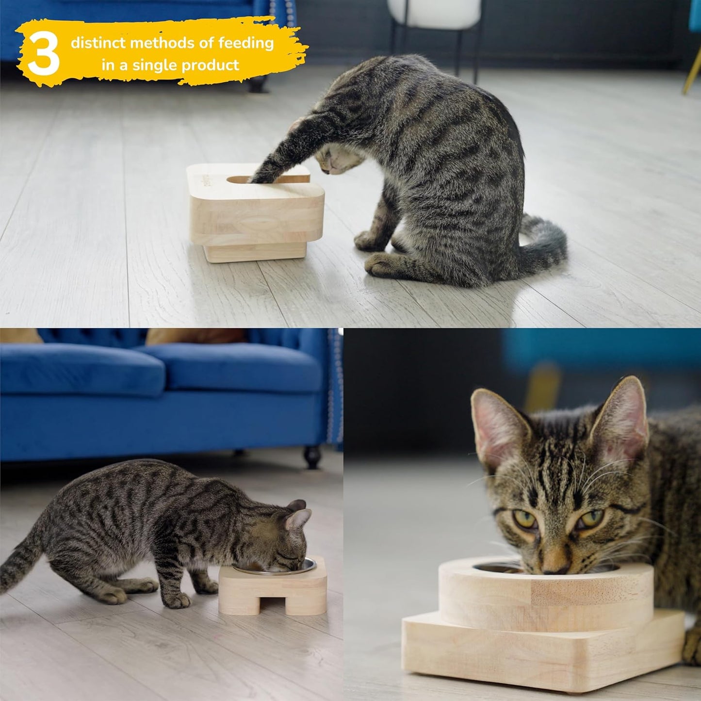 3 in 1 Cat Feeder Bowl, Interactive Cat Slow Feeder, Unique Wooden Non-Slip Pet Food and Water Bowl Dishes