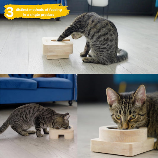 3 in 1 Cat Feeder Bowl, Interactive Cat Slow Feeder, Unique Wooden Non-Slip Pet Food and Water Bowl Dishes