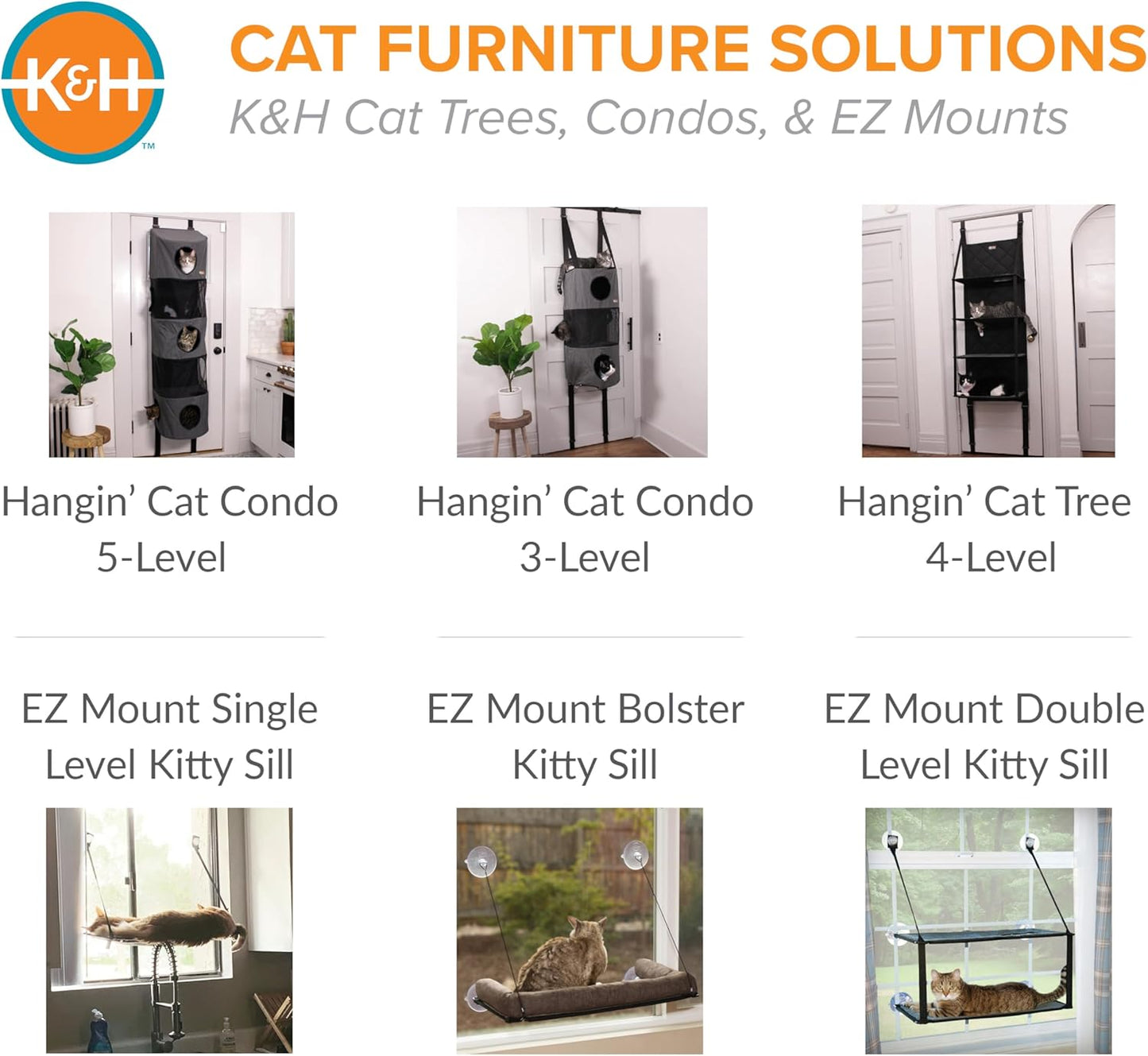 K&H Pet Products Hangin Cat Tree Door Mounted Cat Furniture, Space Saving Multi-Level Wall Perch Hammock Bed, Interconnecting Levels, Collapsible, Tool-Free Assembly - Gray - Fits Doors <80in H