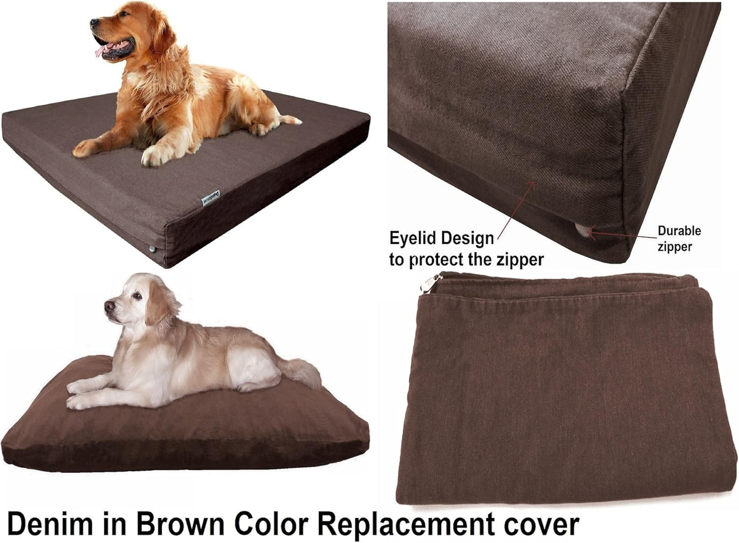 Dogbed4less 41X27X4 Inches Large Size Brown Color Denim Jean Dog Pet Bed External Zipper Cover - Replacement Cover only