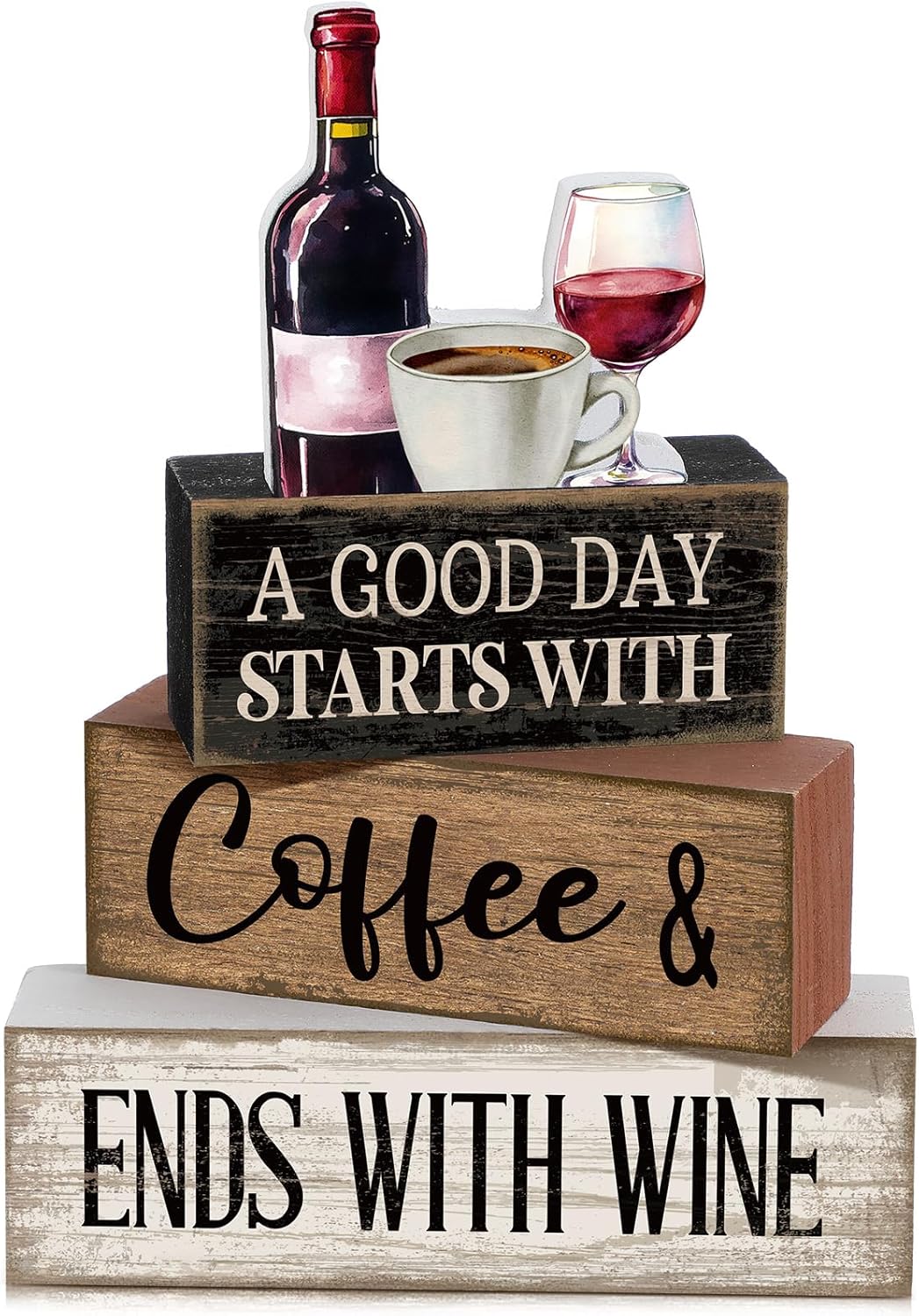 4 Pcs Farmhouse Table Decor Wooden Stacked Block Sign with Wine Bottle, Coffee Cup & Glass Sculpture a Good Day Starts with Coffee Ends with Wine Sign for Home & Bar Housewarming Gift