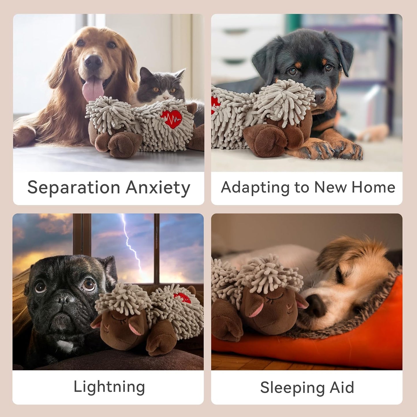 ALL FOR PAWS Heartbeat Dog Toy for Sleep Aid, Stuffed Animal Plush Toy for Puppy Anxiety Relief & Behavioral Training, Snuggling Plush Toy with Warm Bag & Adjustable-Speed Heartbeat, USB Rechargeable