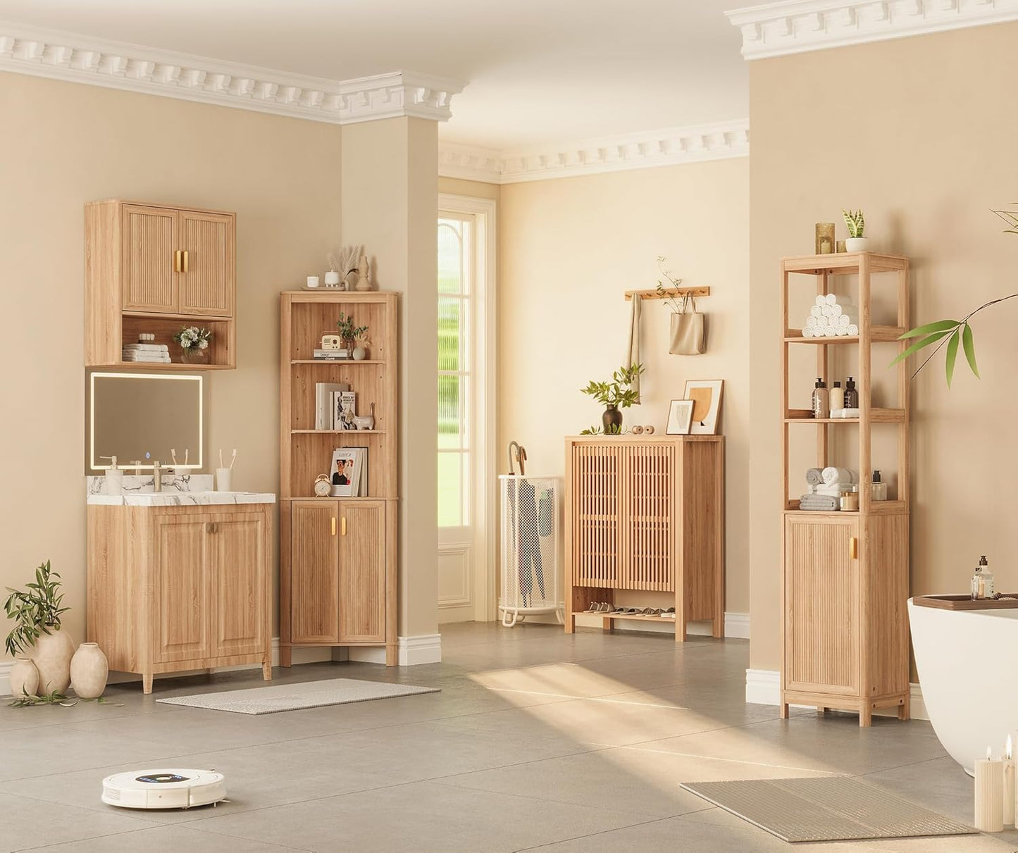68'' Tall Narrow Storage Cabinet with Adjustable Shelf and Door, Bathroom Storage Cabinet, Space Saver for Bathroom, Kitchen, Living Room, Natural Oak