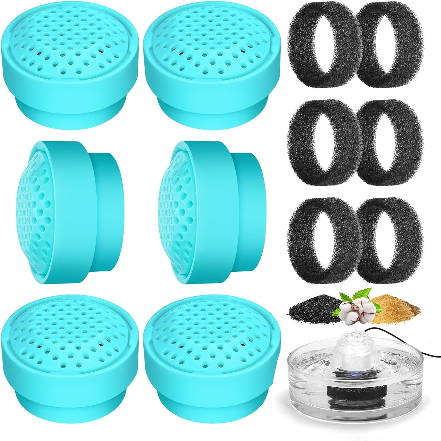 6 Packs Cat Fountain Filters & 6 Sponge Sets-Compatible with Cepheus 2.7L Glass Pet Fountain