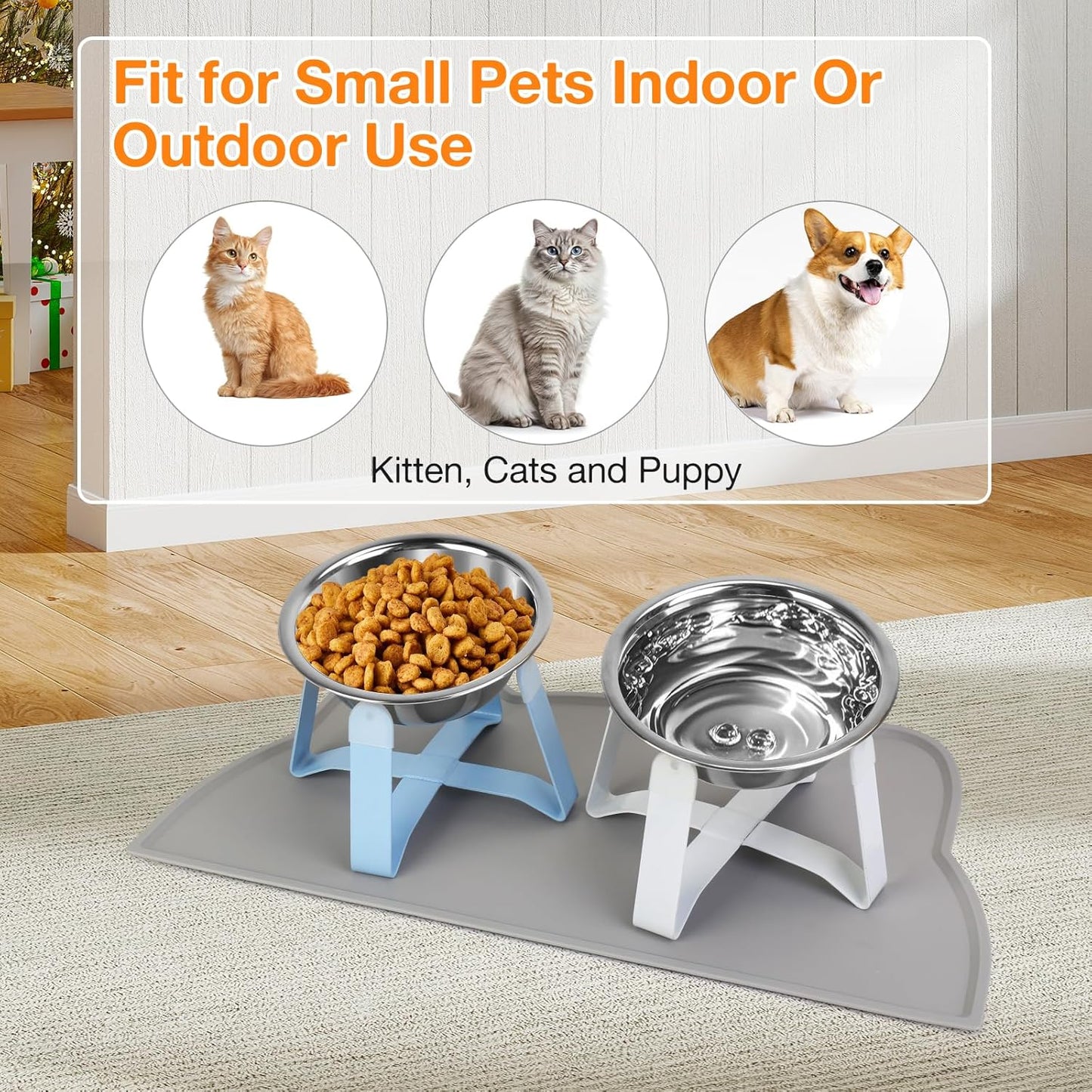 Elevated Cat Bowls, 5.5” Wide Stainless Steel Cat Bowls with Food Mat & Metal Stand, Raised Pet Water Food Feeder with Non-Slip Raised Stand for Cats, Kittens, Puppy, Small Dogs