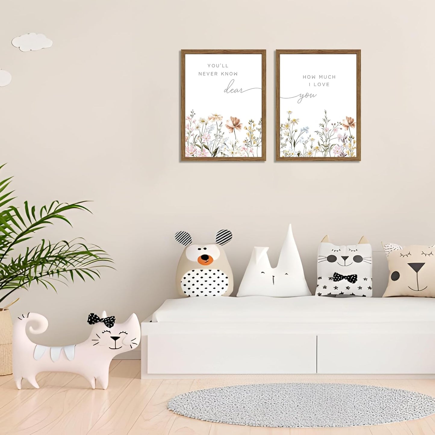 Wood Framed Wildflower Nursery Wall Art Set of 2, Boho Flower Botanical Wall Decor Paintings, Baby Girl Nurseries Pictures Posters Prints for Nursery Baby Room Bedroom Home Decoration 12x16 Inch