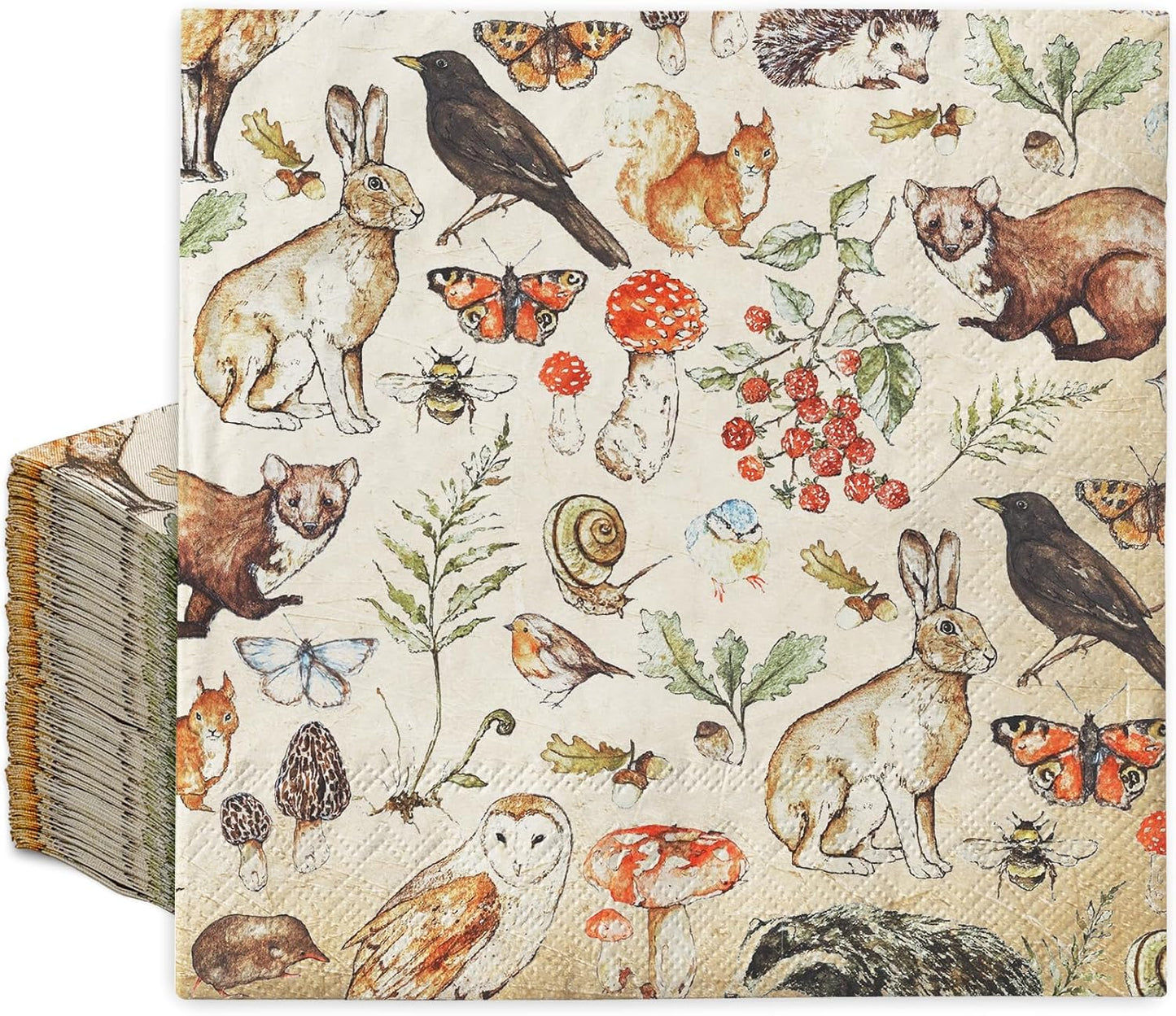 100Pcs Vintage Animal Paper Napkins Fox Squirrel Rabbit Mushroom Luncheon Napkins Dinner Hand Napkin for Farmhouse Home Party Supplies Table Decor