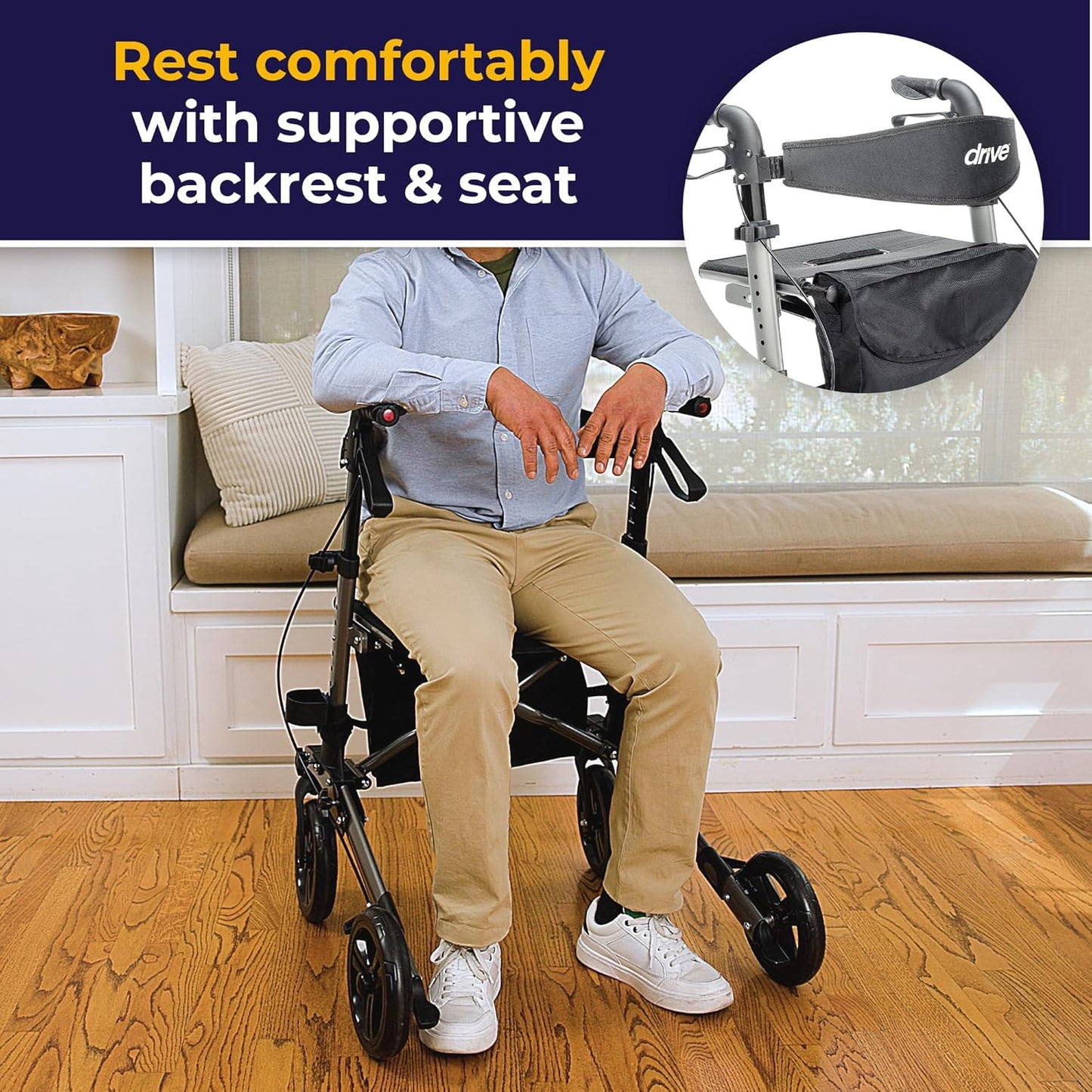 Drive Medical Compact Folding Rollator - Lightweight Foldable Walker for Seniors, 4-Wheeled Walker with Seat & Brakes, Space-Saving & Portable Travel Rollator with 8-Inch Wheels - Just 15.4 Pounds