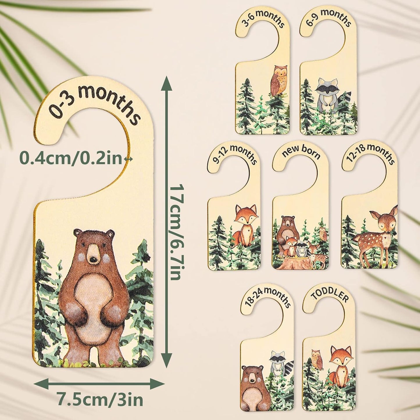 Whaline 8 Pcs Baby Closet Size Dividers Woodland Design Hanging Wooden Baby Closet Organizer Newborn to 24 Months Thicken Babies Wardrobe Organizer for Home Nursery Decor