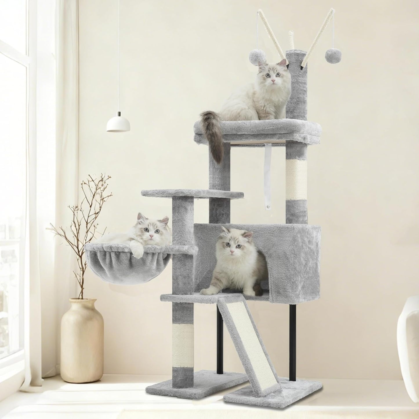 Cat Tree for Indoor Cats, Cat Tower with Scratching Post for Small Cats and Kittens, Cat House with Removable Top Platform and Fluffy Balls, Hanging Cat Basket, Light Gray GCT006SW