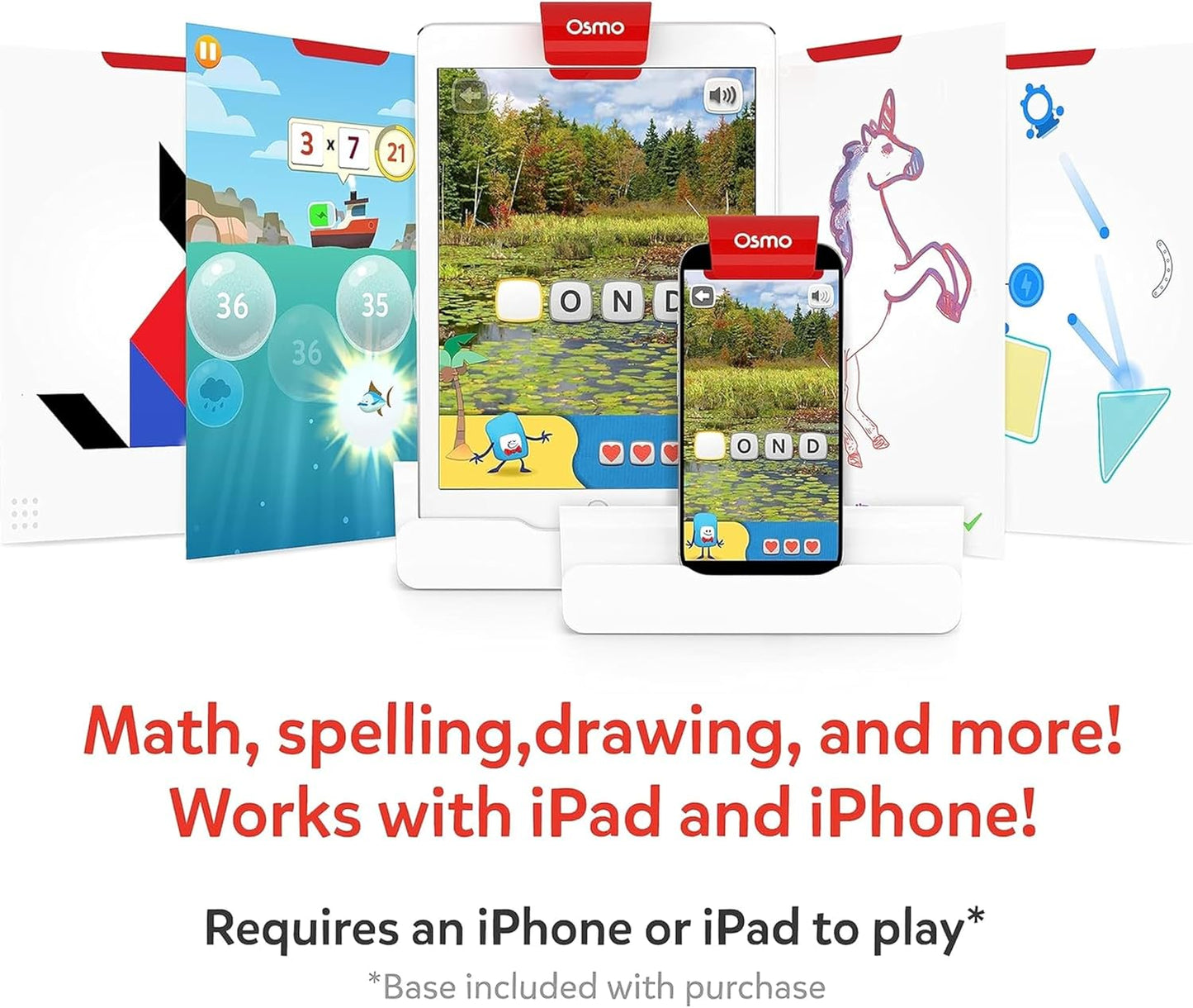 Osmo - Genius Starter Kit for iPad - 5 Educational Learning Games - Ages 6-10 - Math, Spelling, Creativity & More - STEM Toy Gifts for Kids, Boy & Girl - Ages 6 7 8 9 10 Base Included (5 Games, iPad)