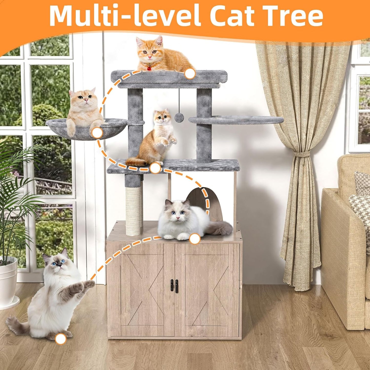 HavenlyYouth Litter Box Enclosure with Cat Tree,Cat Tree with Litter Box Enclosure,Hidden Pet Washroom Furniture with Sisal Scratching Post,Hammocks,Condo,Multiple Platform,Soft Plush Perch, Grey
